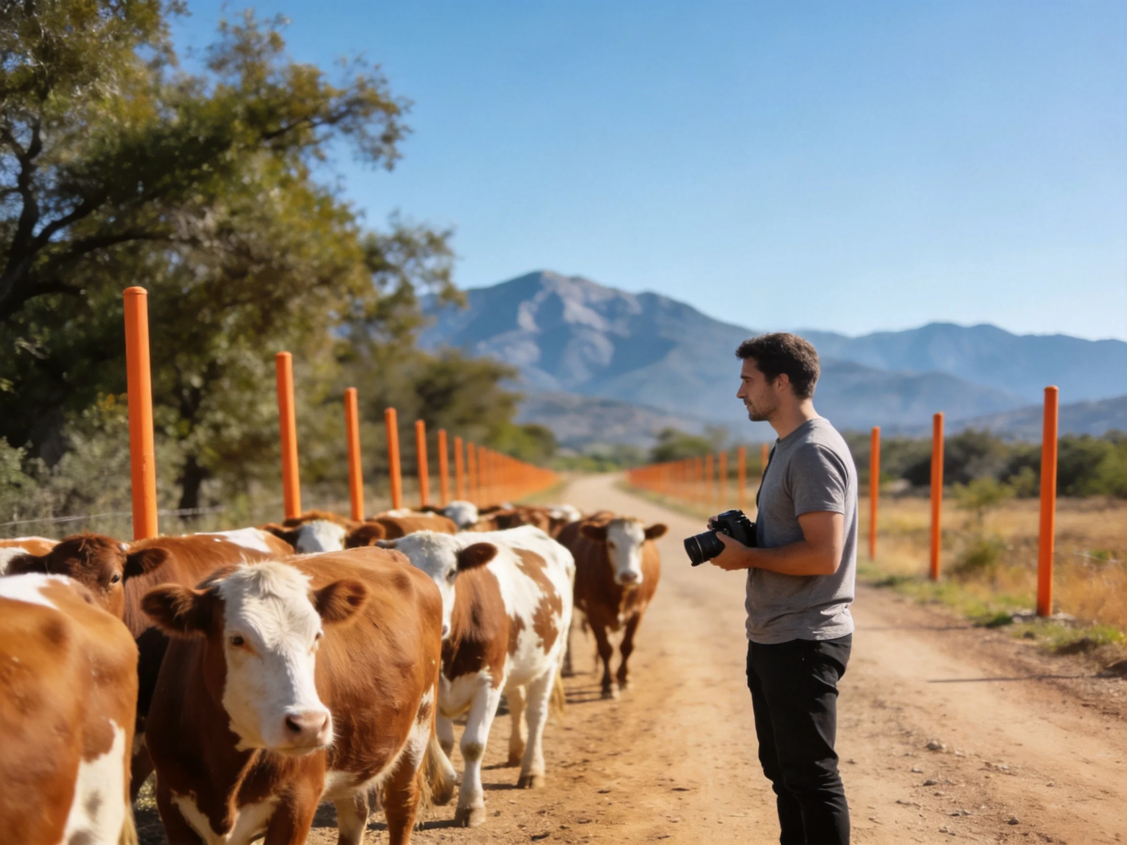 A photographer documents brown-and-white cattle near orange posts by a mountainous dirt road