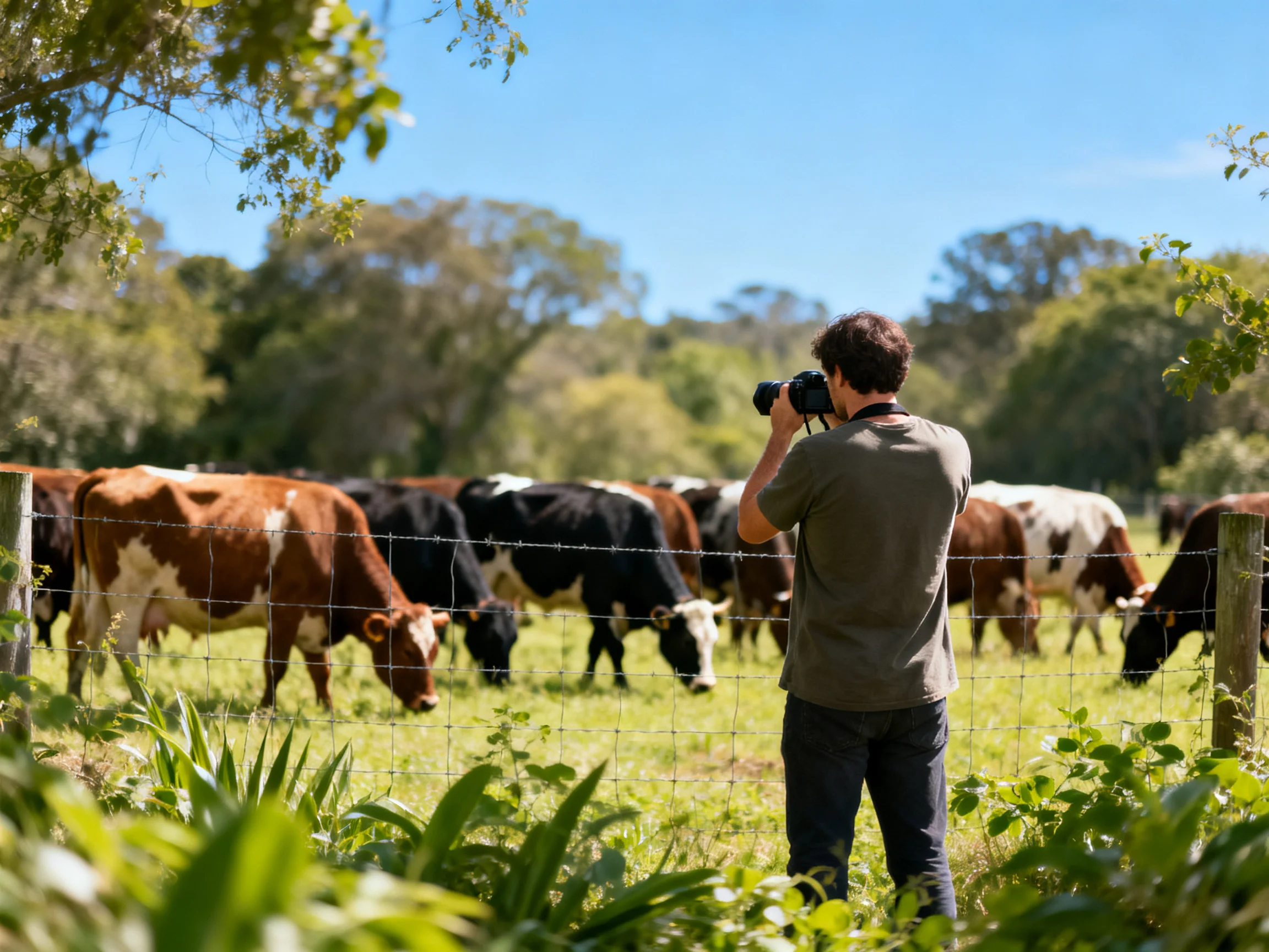 A photographer photographing multicolored cows in a sunny fenced pasture