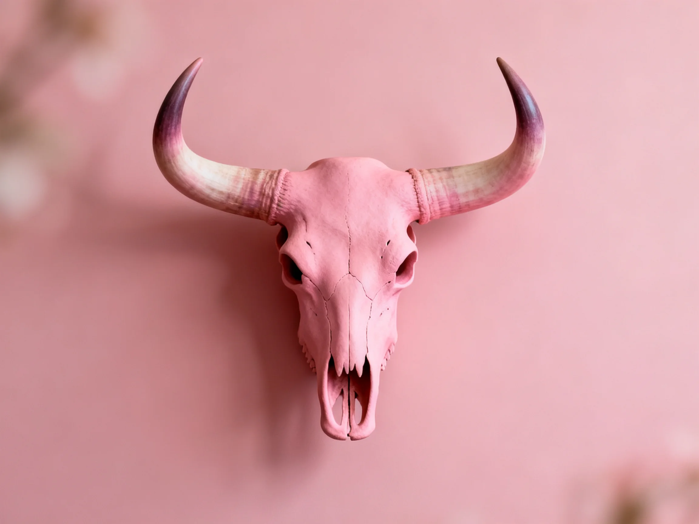 A pink-painted bull skull with large curved horns on a pink wall