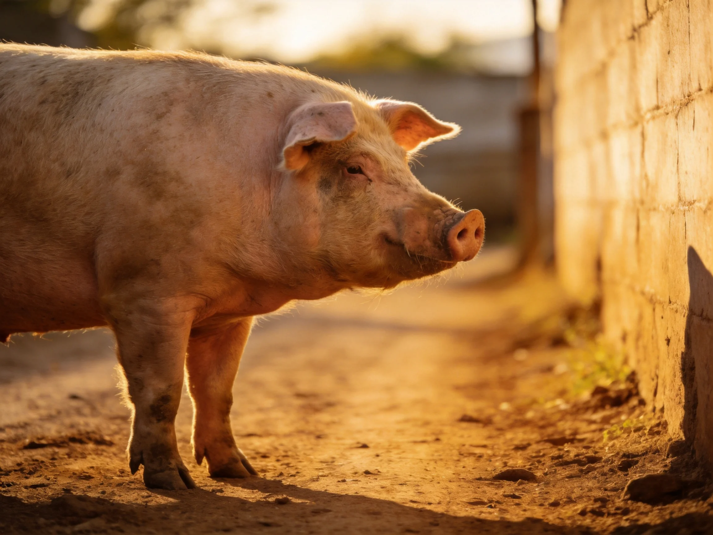 A pink pig stands near a stone wall on a dusty path