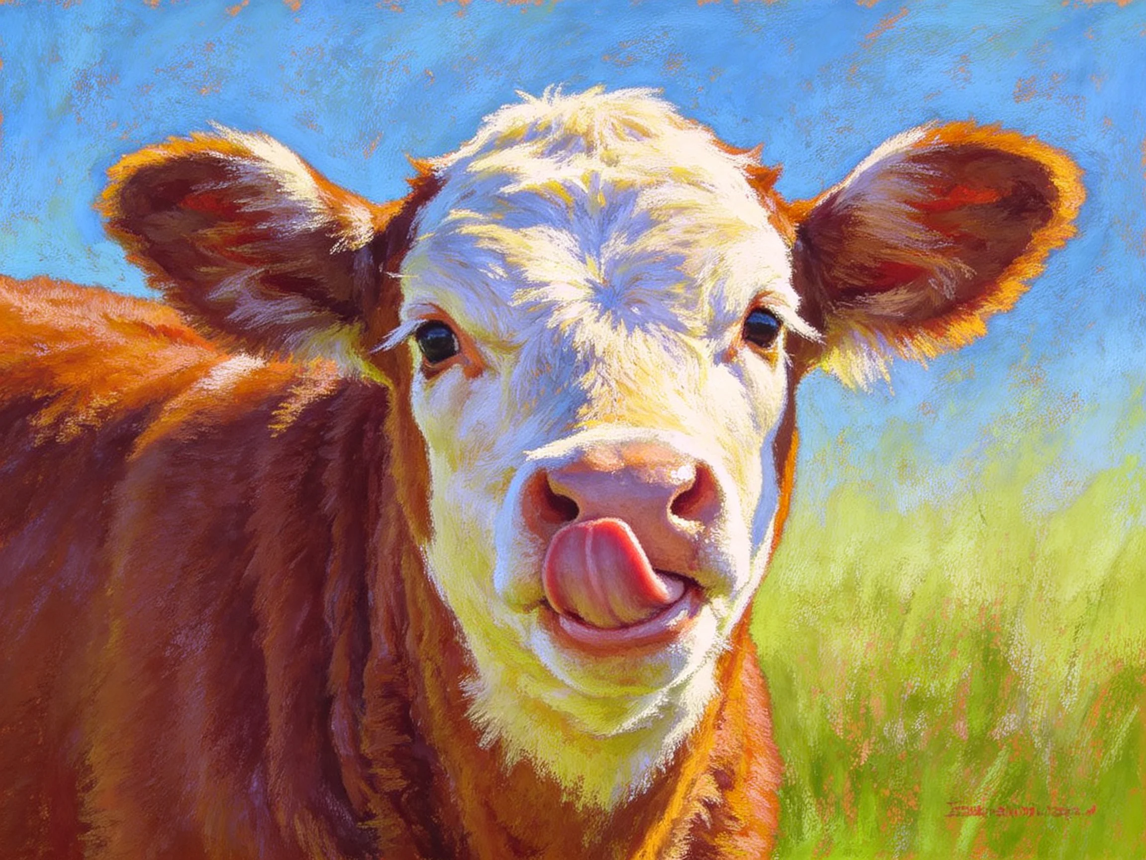 A playful brown and white calf sticks tongue out against blue sky