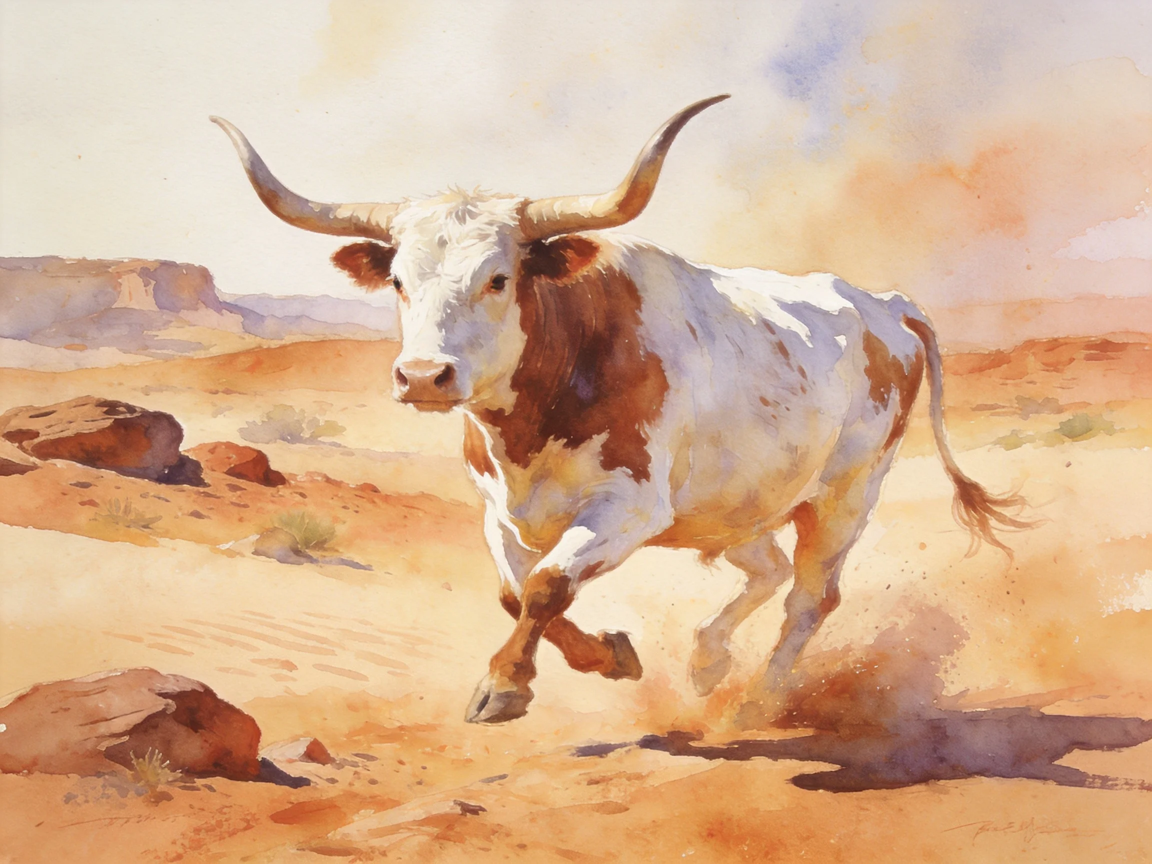 A powerful longhorn bull charging through a dusty desert landscape