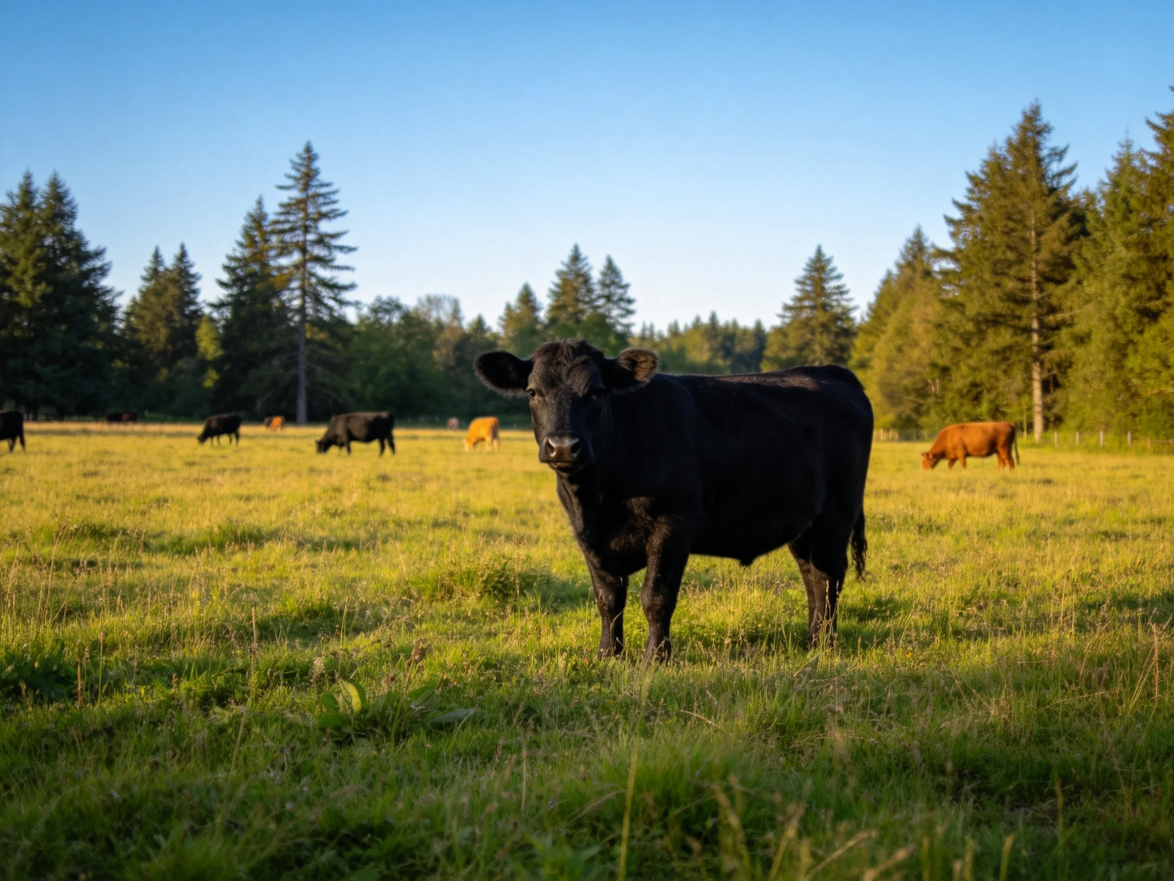 A prominent black cow stands in a sunlit meadow with grazing cattle
