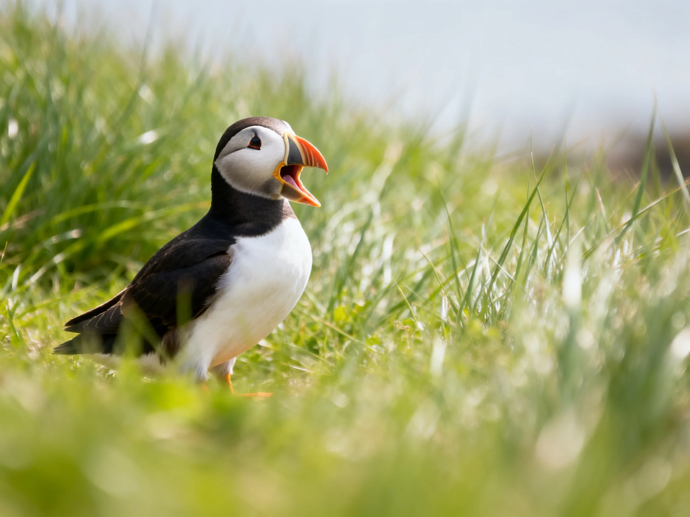 A puffin with an open beak sits amidst lush green vegetation.