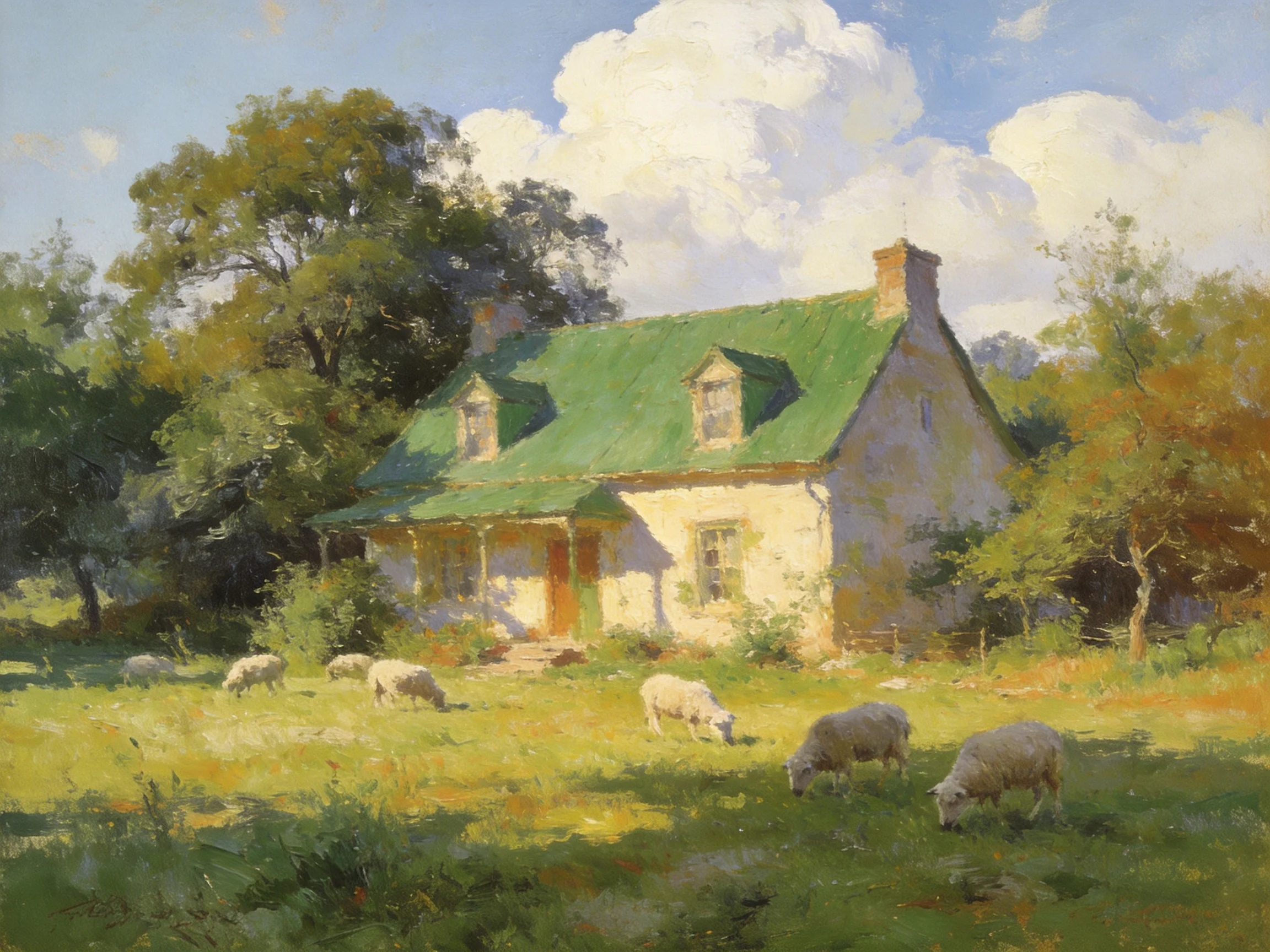 A quaint cottage with green roof near grazing sheep and leafy trees