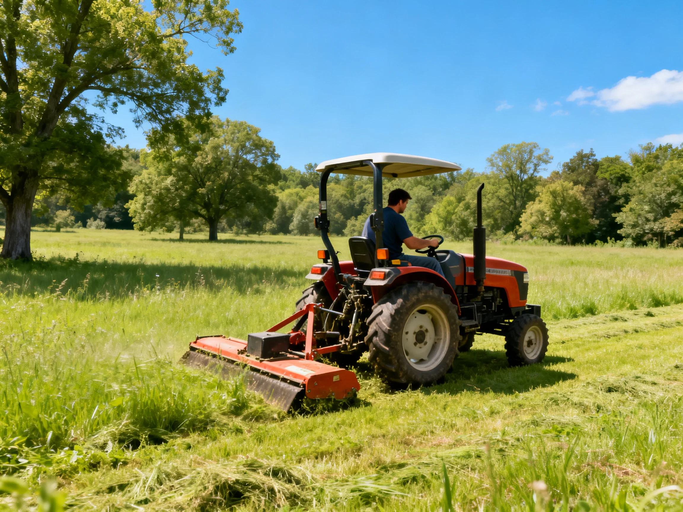A red tractor mowing tall green grass near large leafy trees