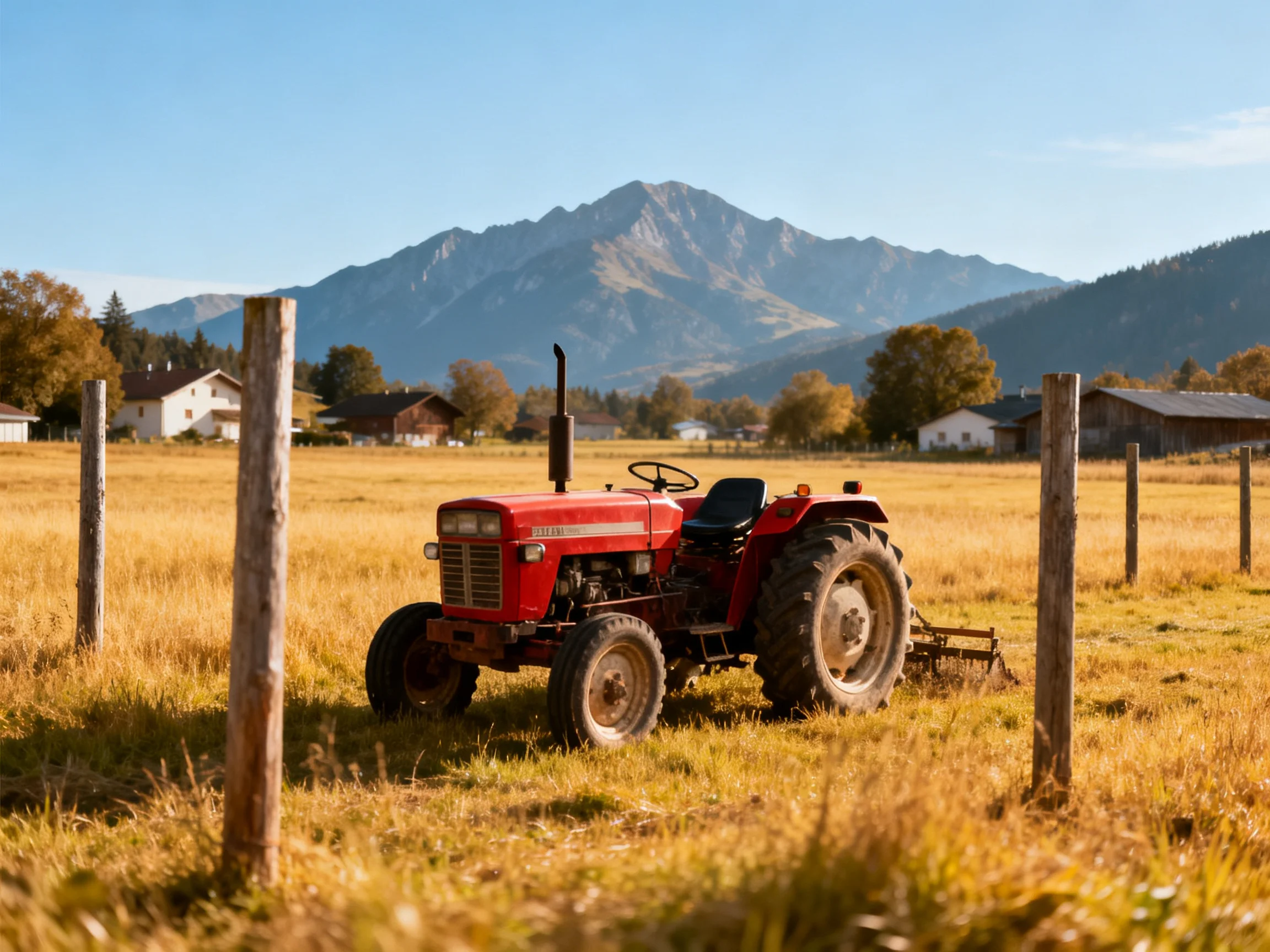 A red tractor rests in a golden field near mountains