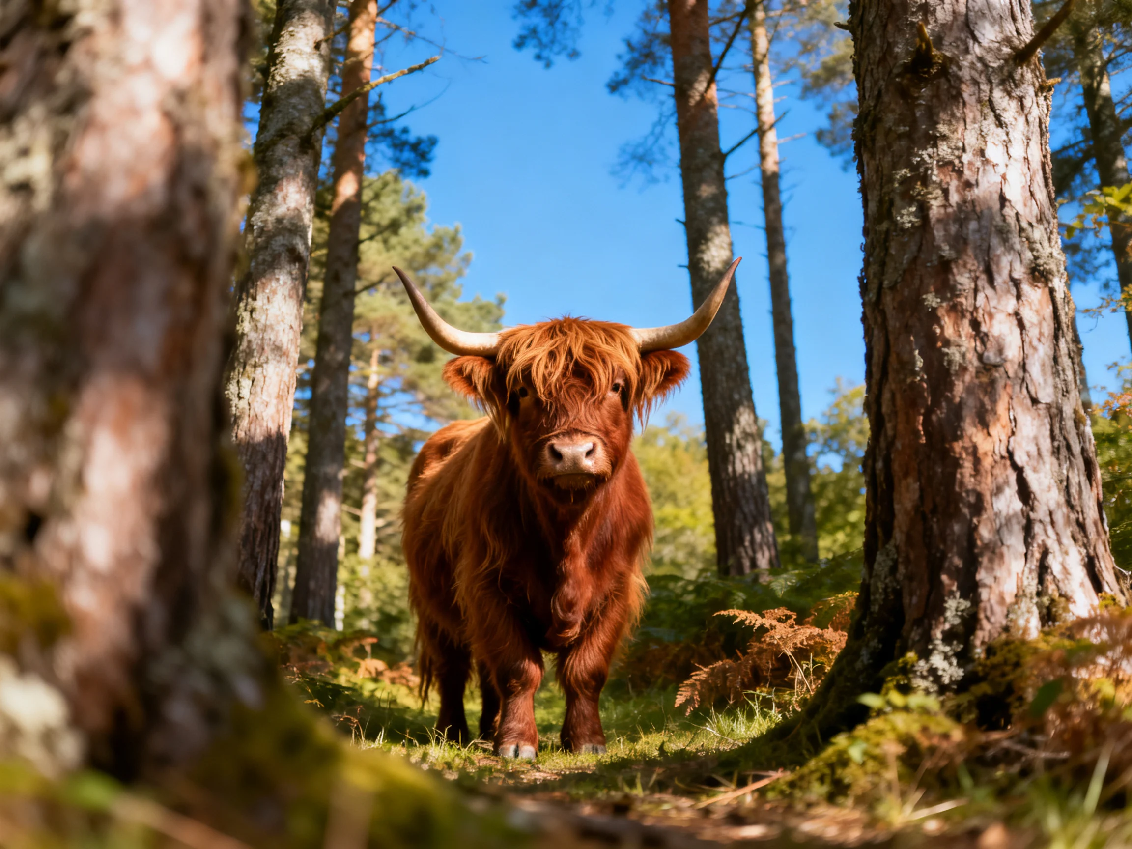 A reddish-brown Highland cow in a sunlit forest among tall trees