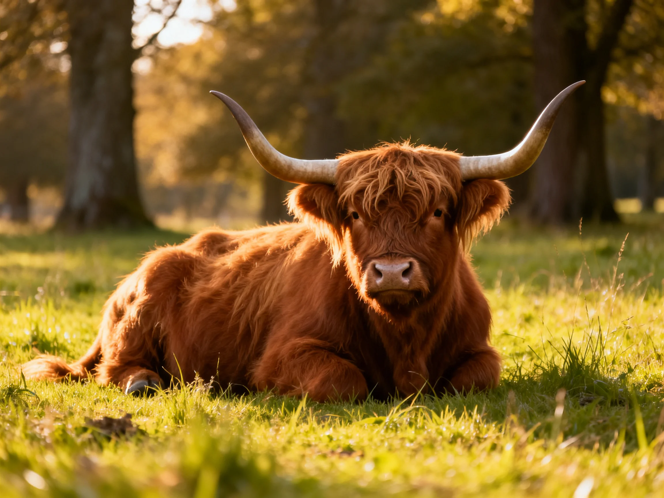 A reddish-brown Highland cow rests in a sunlit grassy meadow