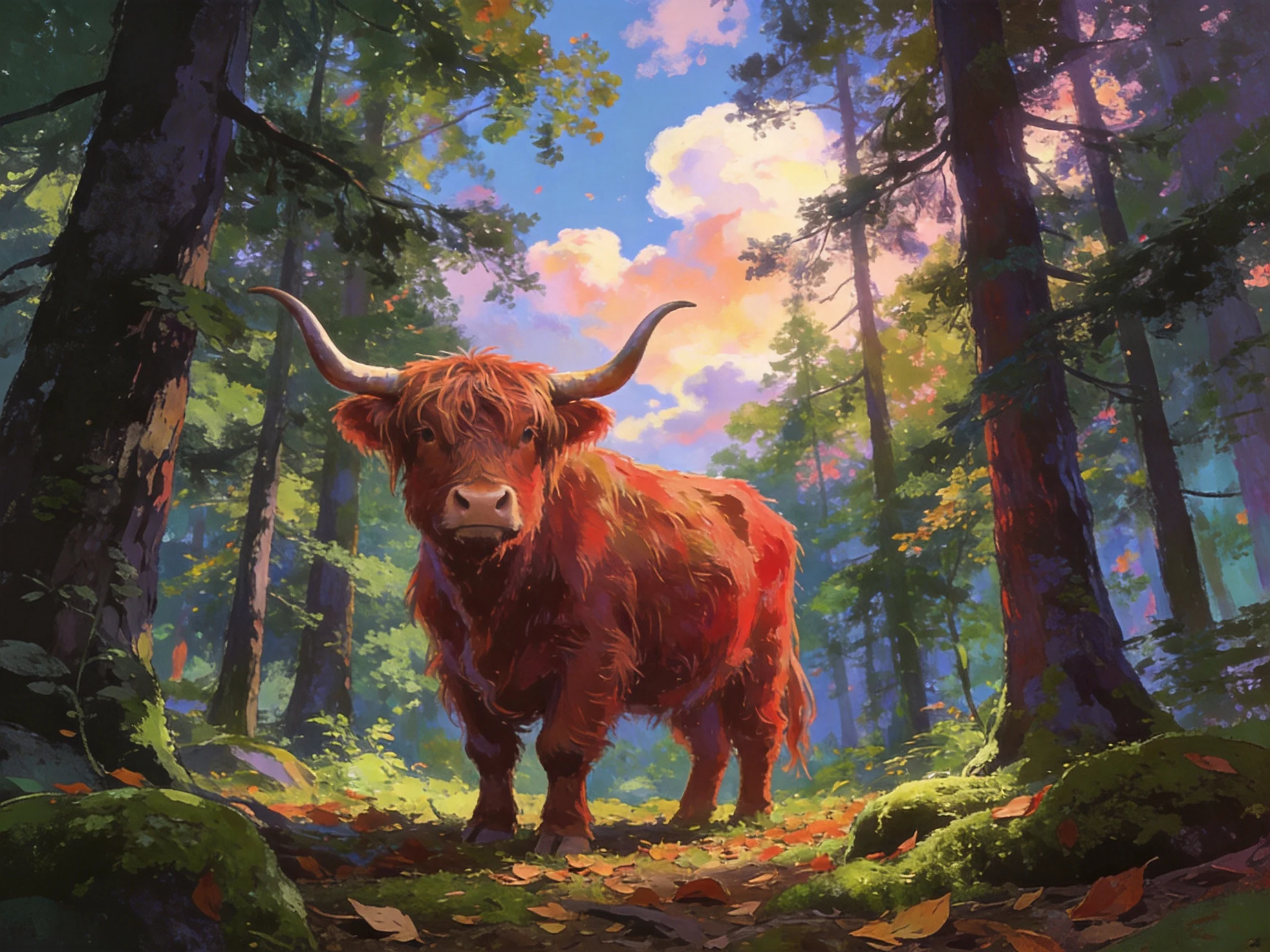 A reddish-brown Highland cow stands among tall trees with a vibrant sky