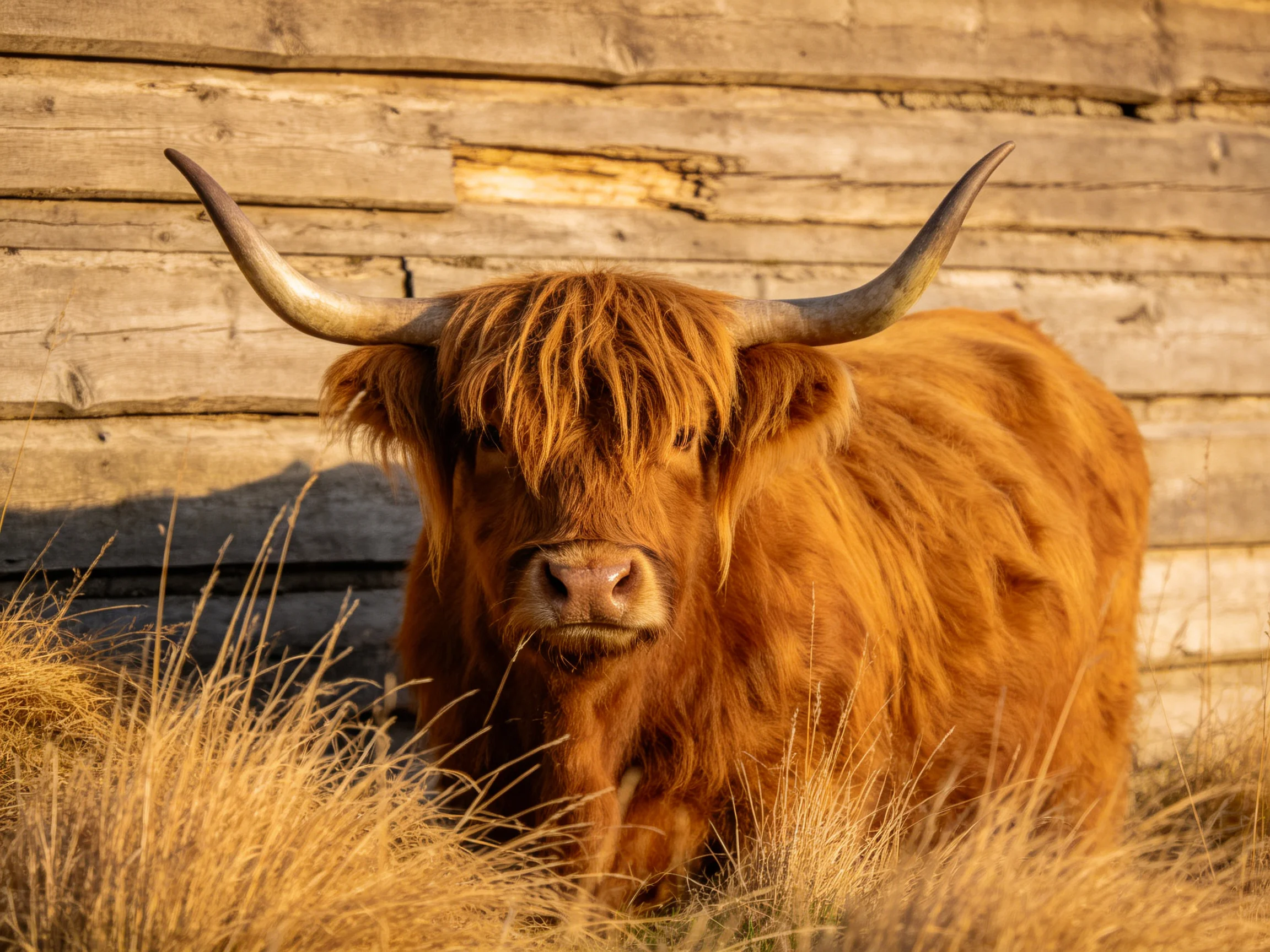 A reddish - brown Highland cow stands near a weathered wooden wall
