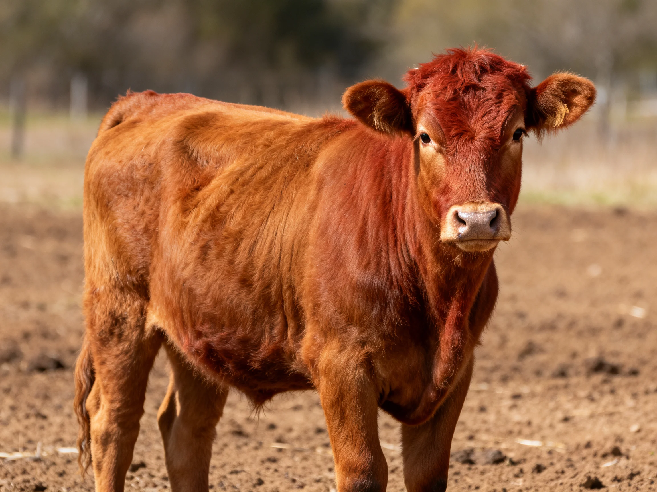 A reddish-brown calf stands in a sunlit dirt field