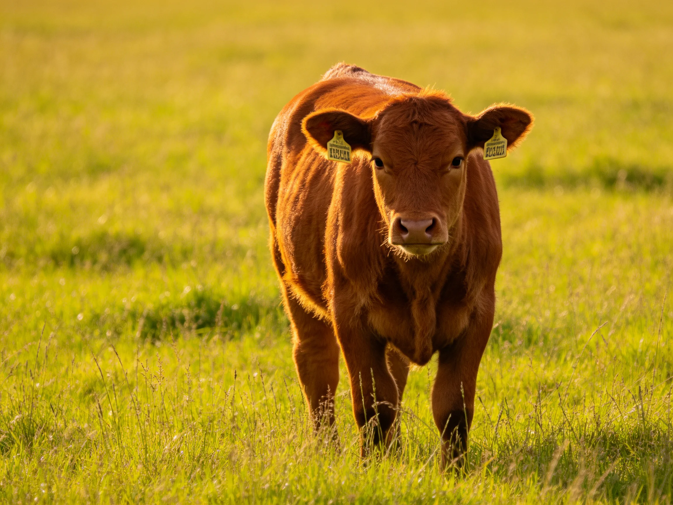 A reddish-brown calf with yellow ear tags in a sunlit green pasture