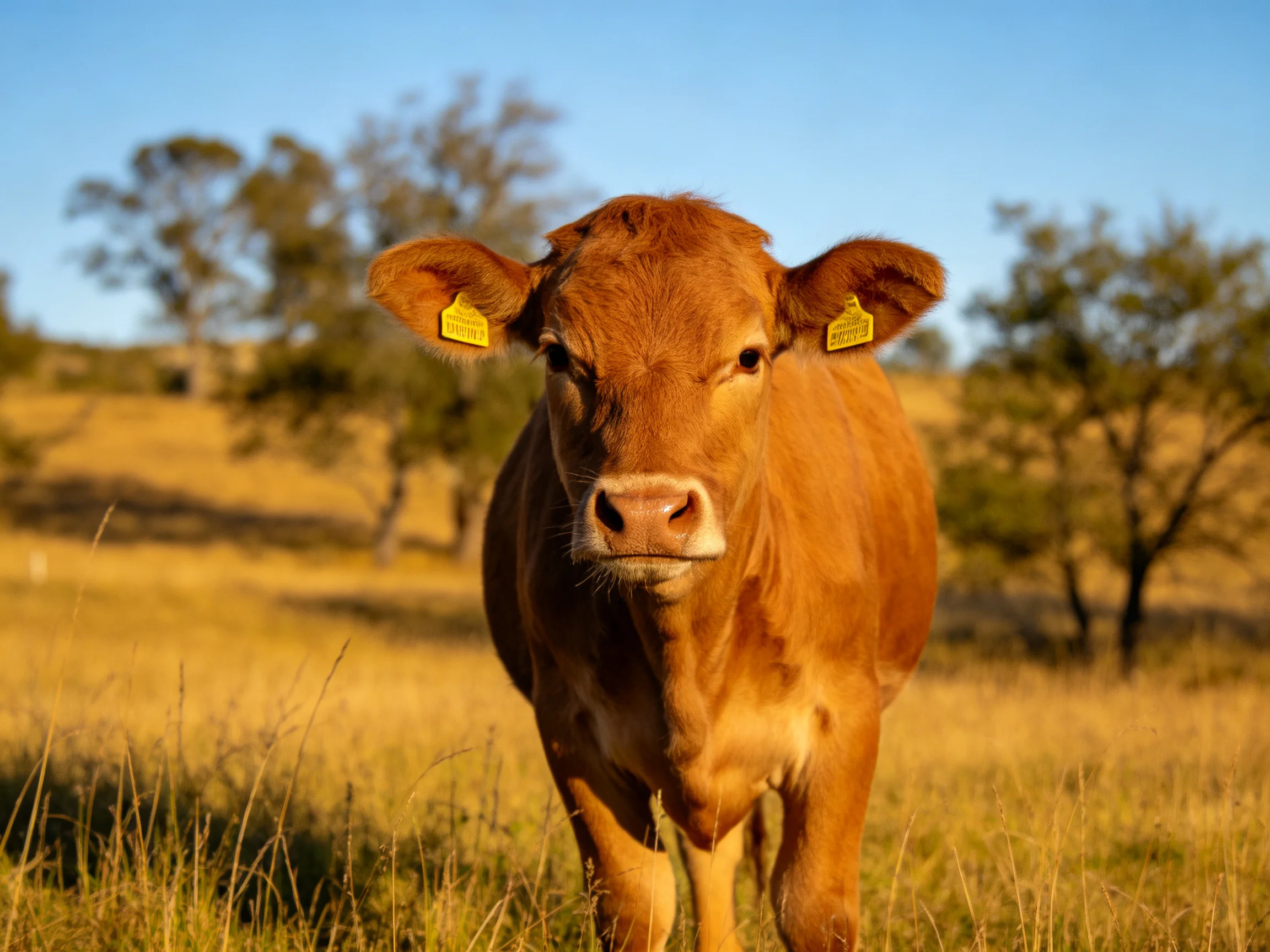 A reddish-brown cow in a sun-drenched grassy field with trees