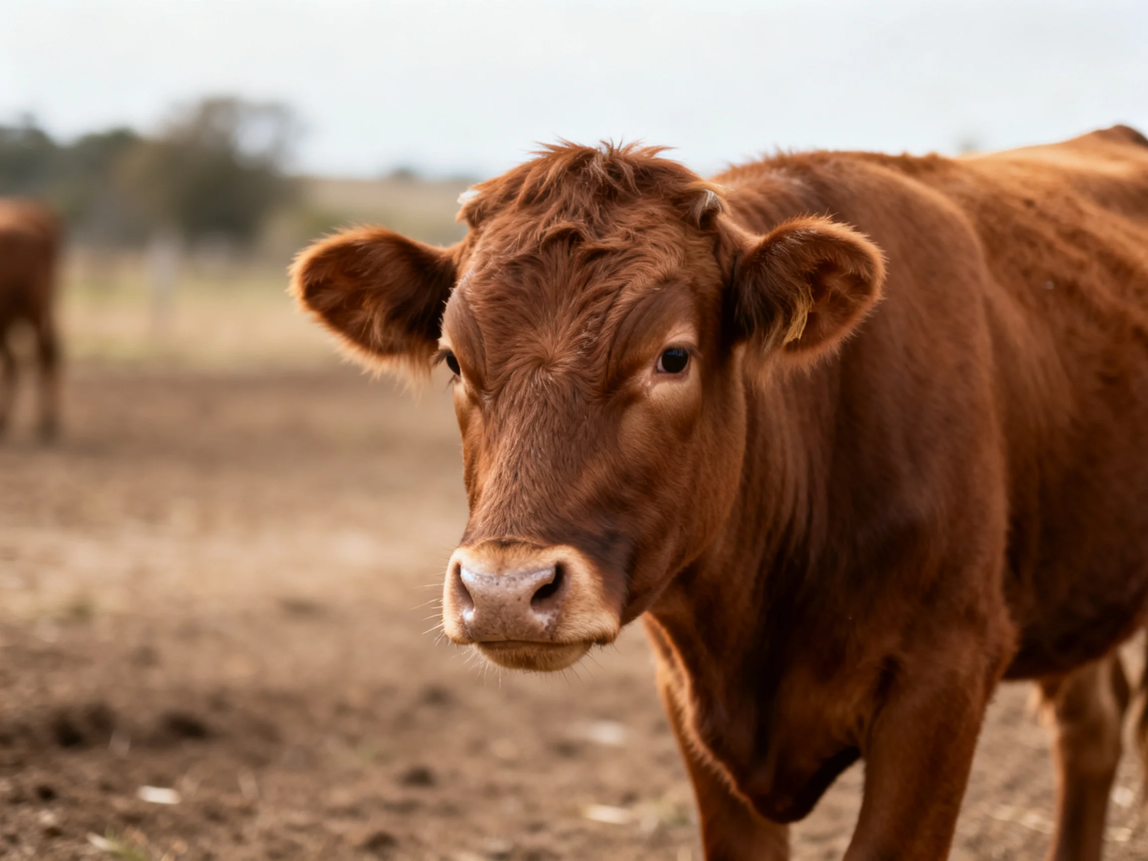 A reddish-brown cow stands in focus among an open field