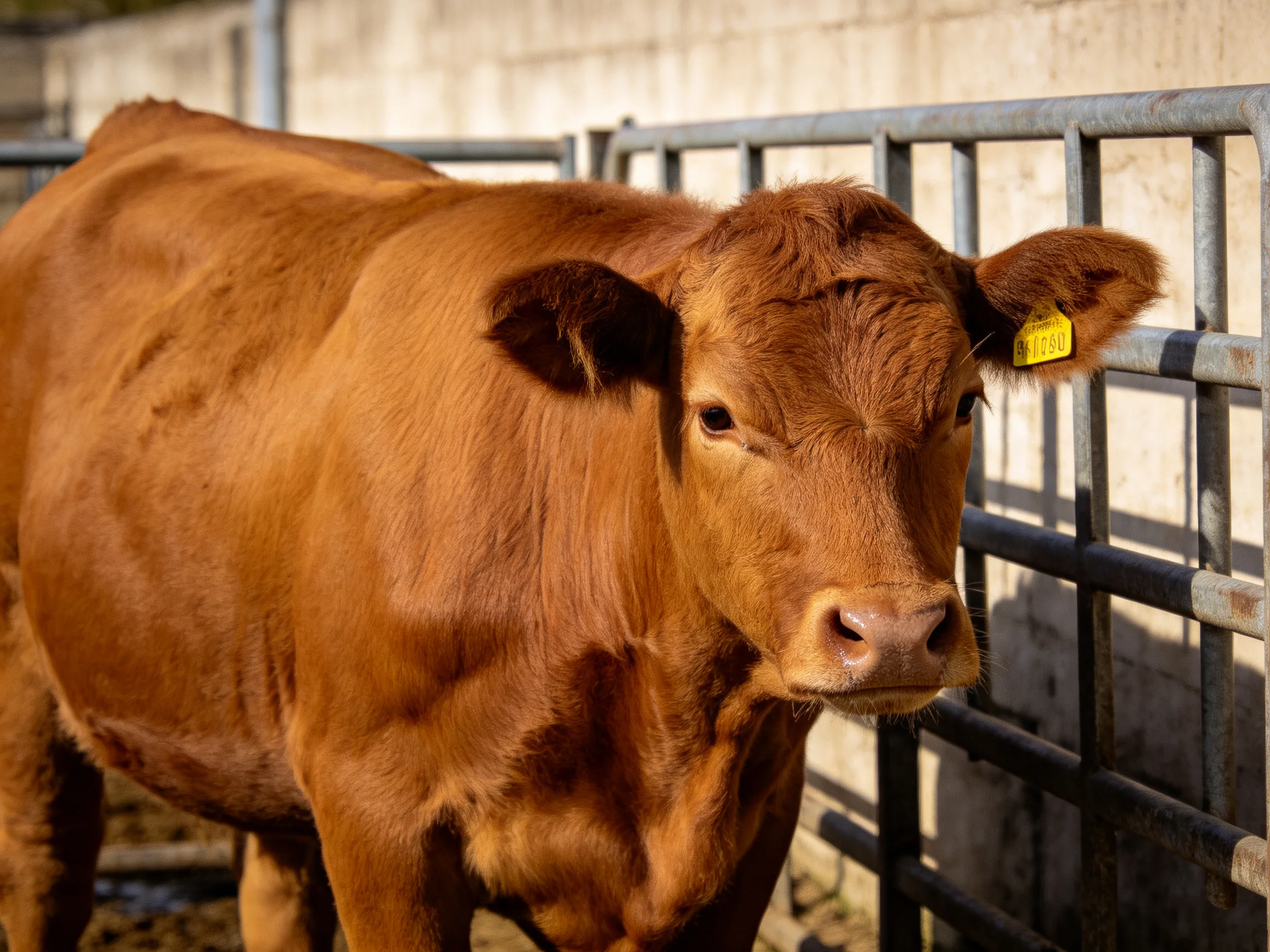 A reddish-brown cow with an ear tag near metal farm railings
