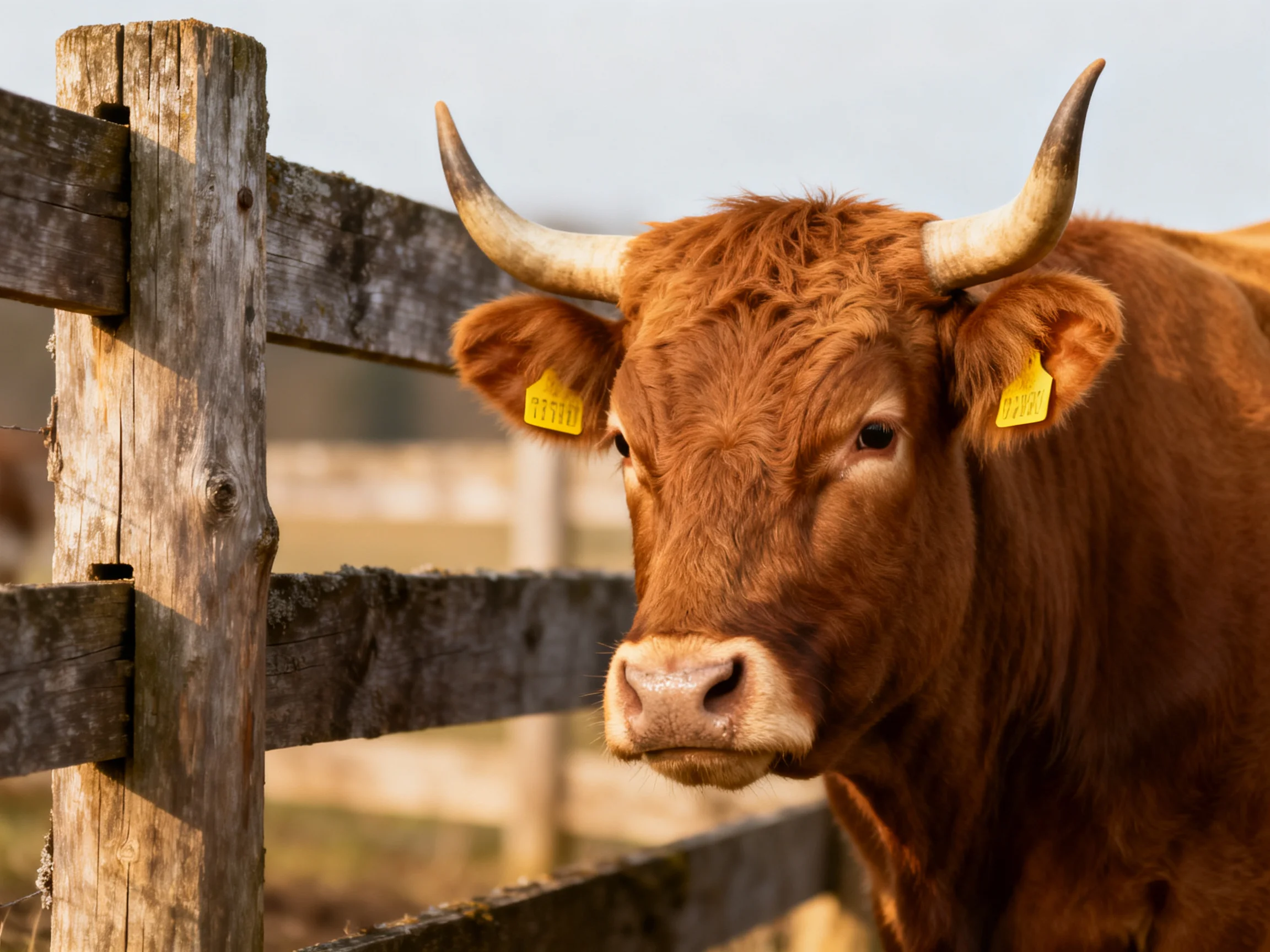 A reddish-brown horned cow near weathered wooden fencing