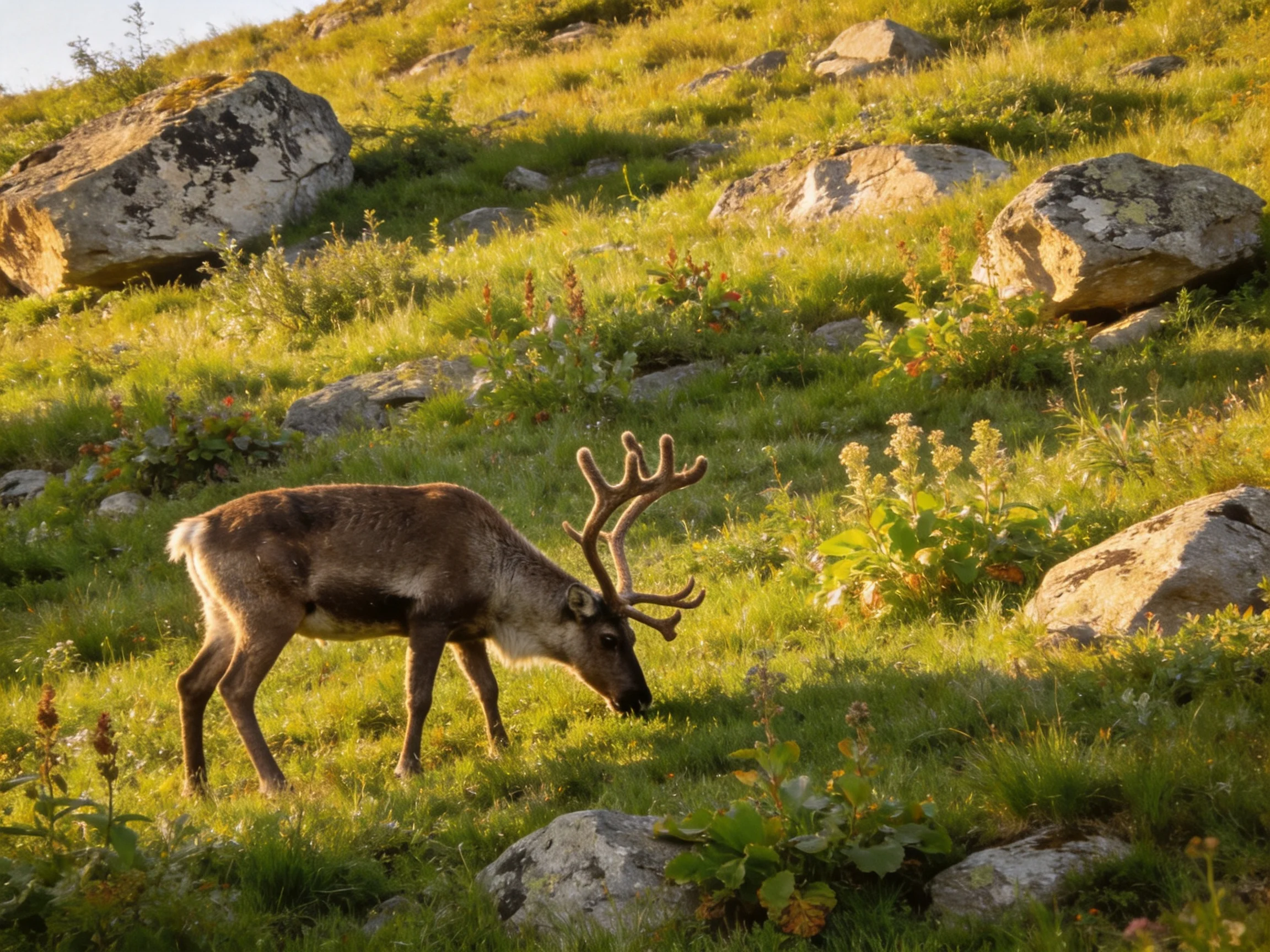 A reindeer browses on a lush green hillside with massive rocks