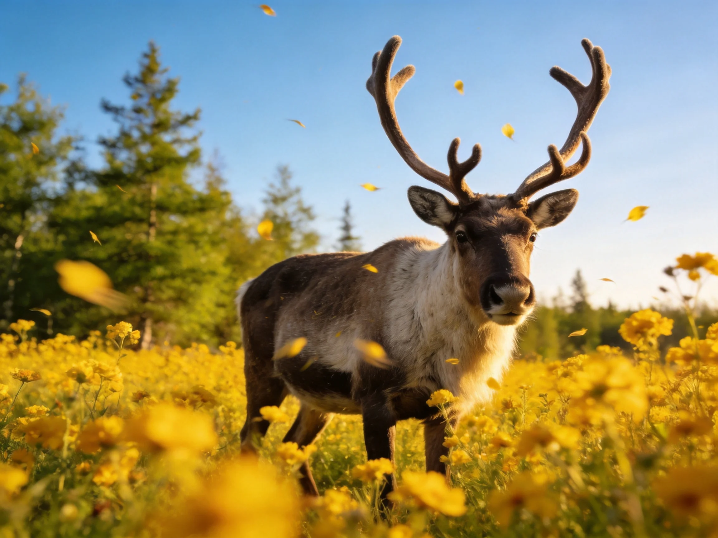 A reindeer with large antlers stands among yellow wildflowers and evergreen trees