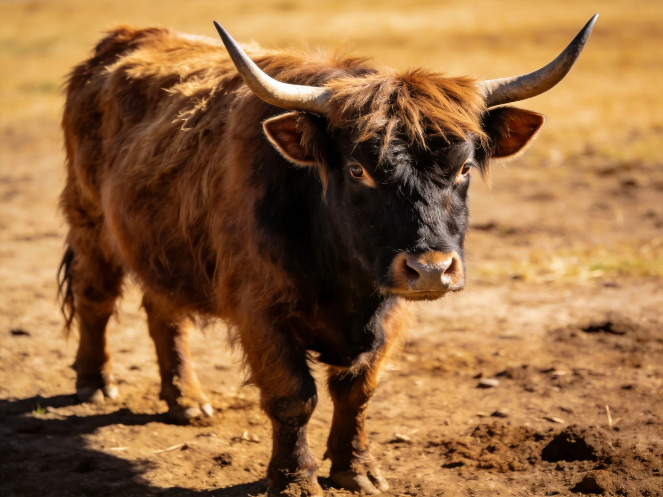 A robust Highland cow with shaggy brown-black coat and large curved horns