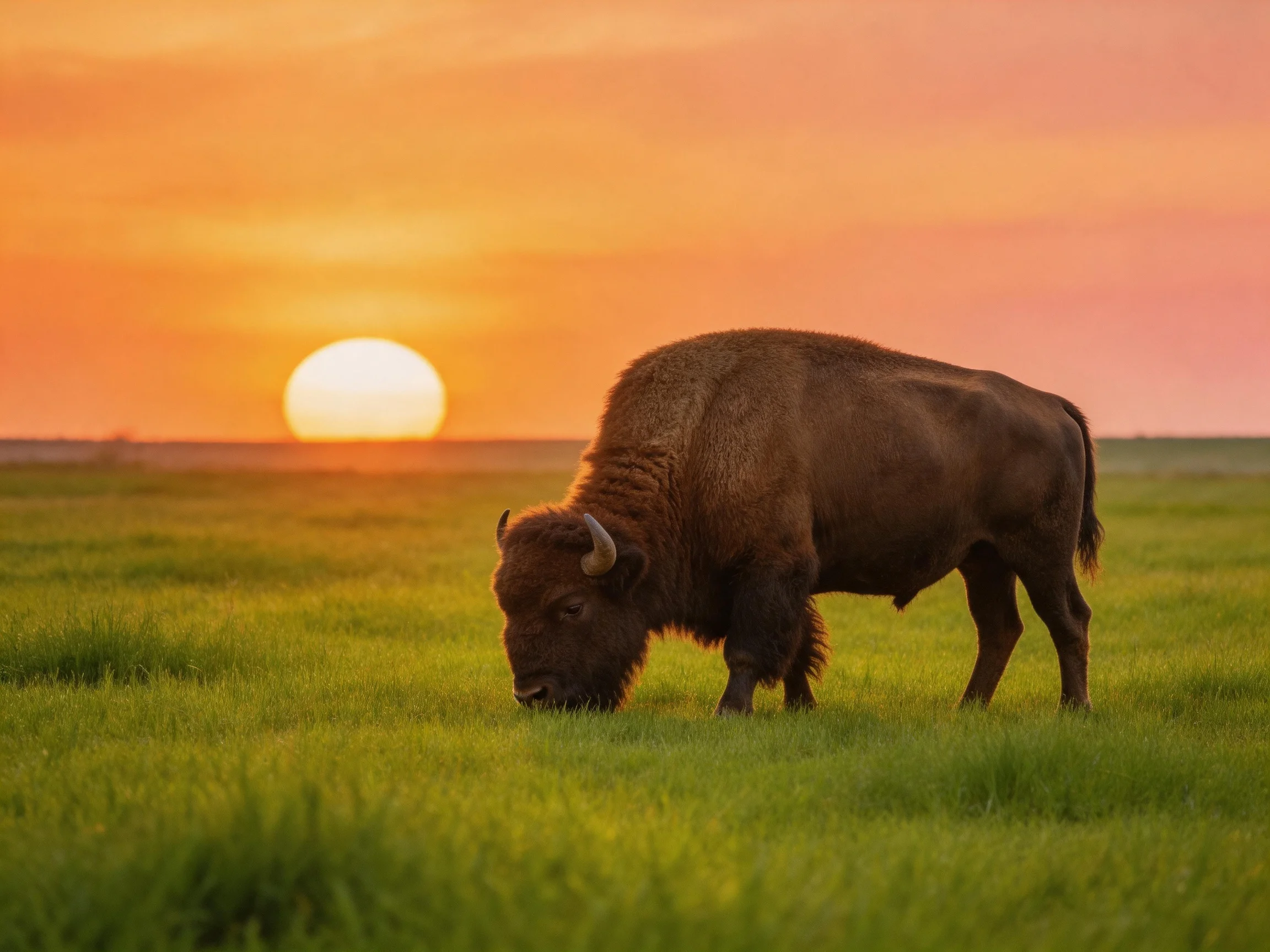 A robust bison grazing in a lush green meadow at sunset