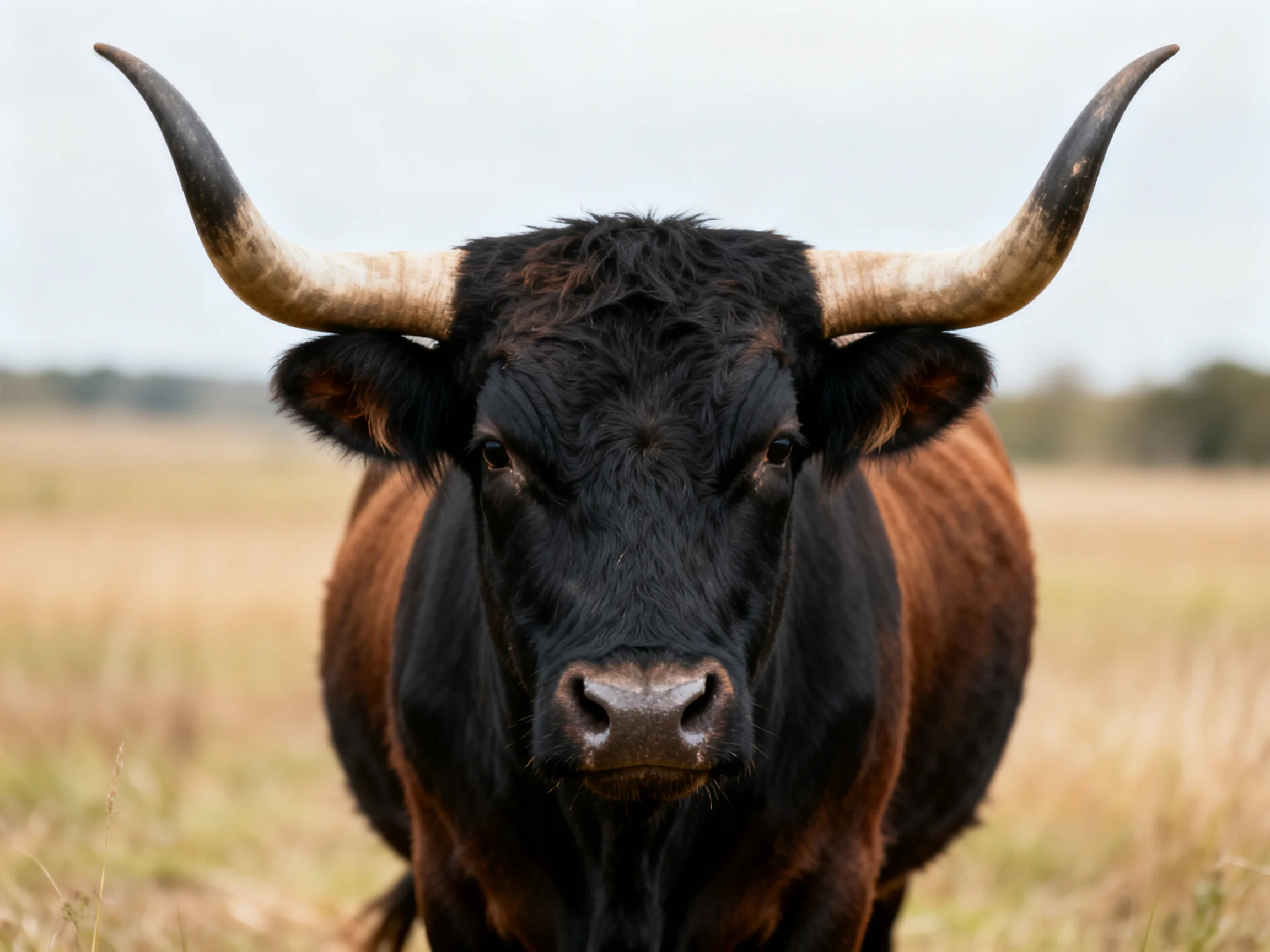 A robust black and brown bull with prominent curved horns