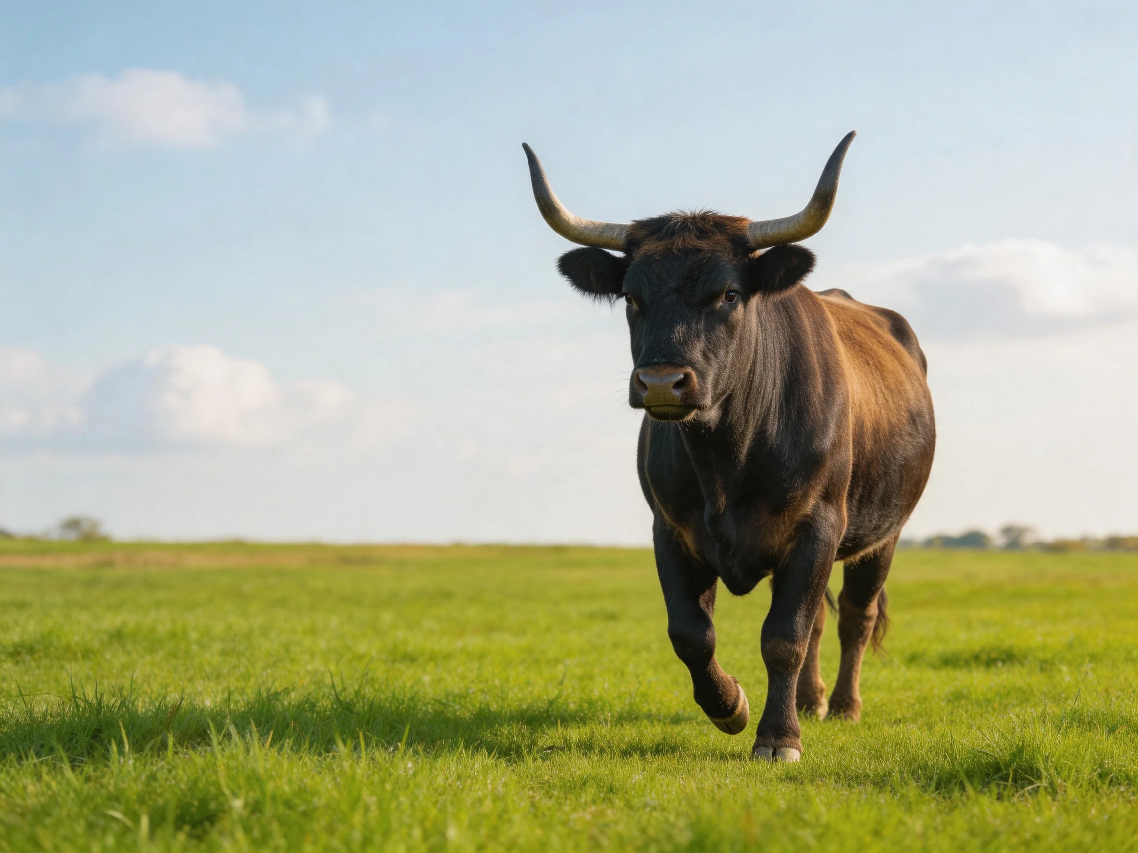 A robust black-brown bull with curved horns walking through lush green pasture