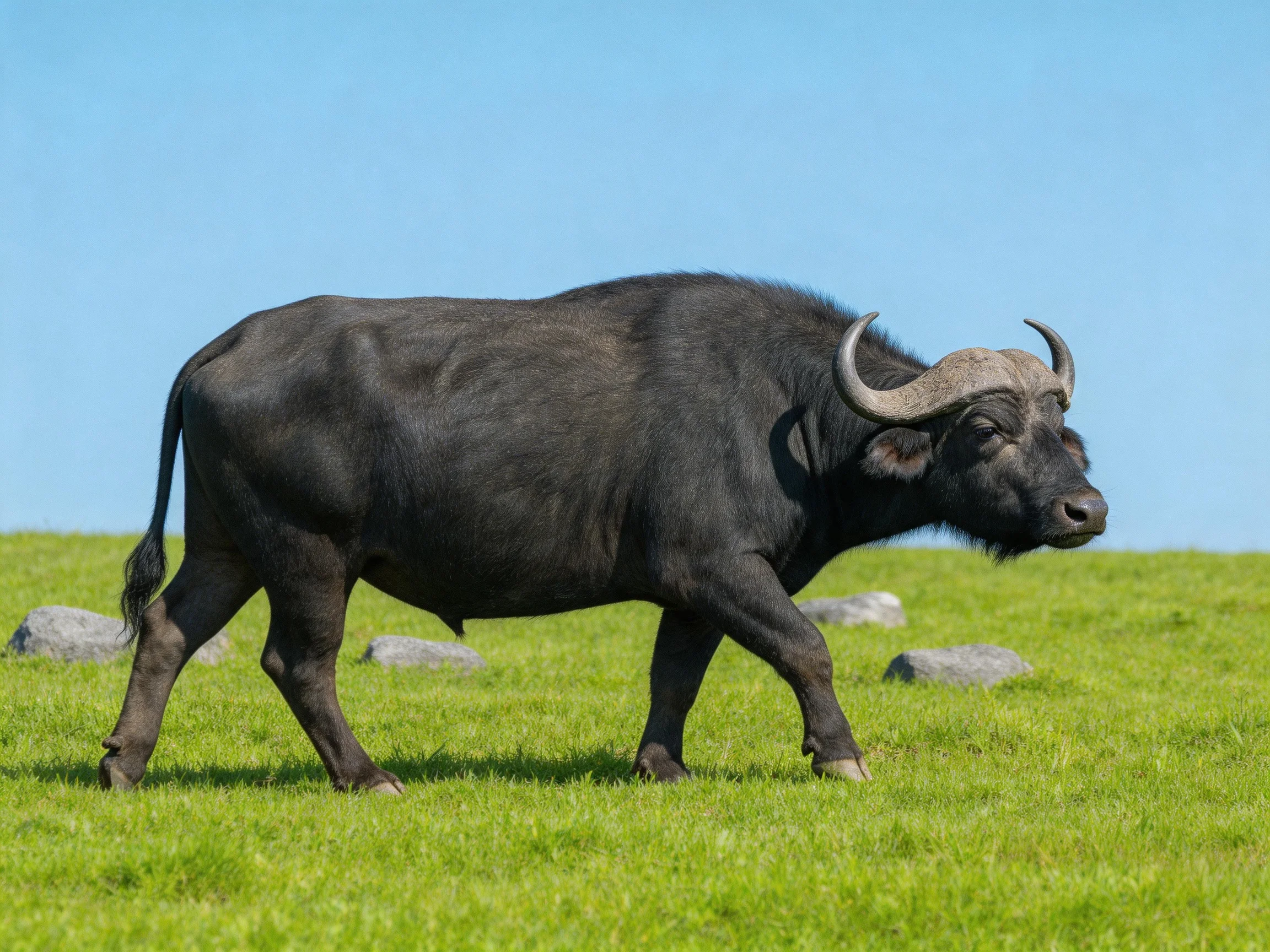 A robust black buffalo roams lush green grass beneath bright blue sky