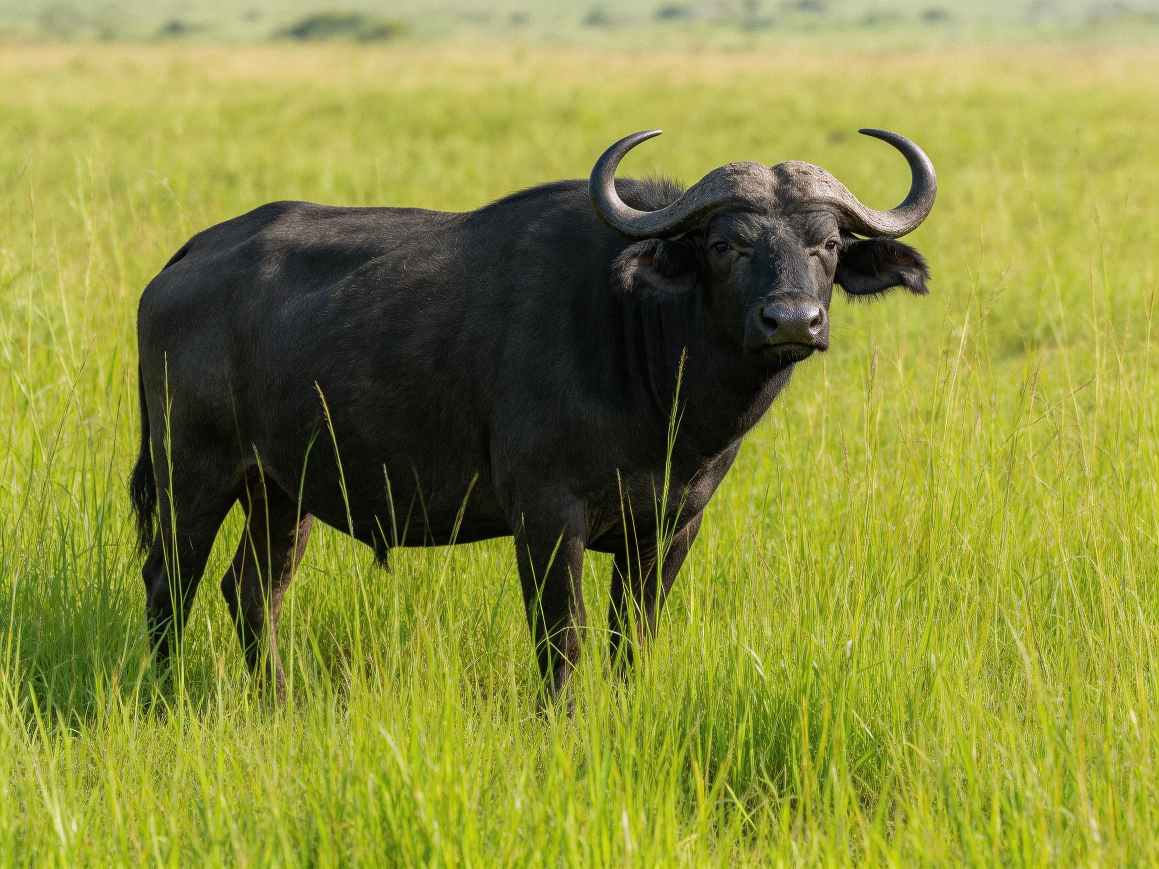 A robust black buffalo stands amid tall emerald grasses