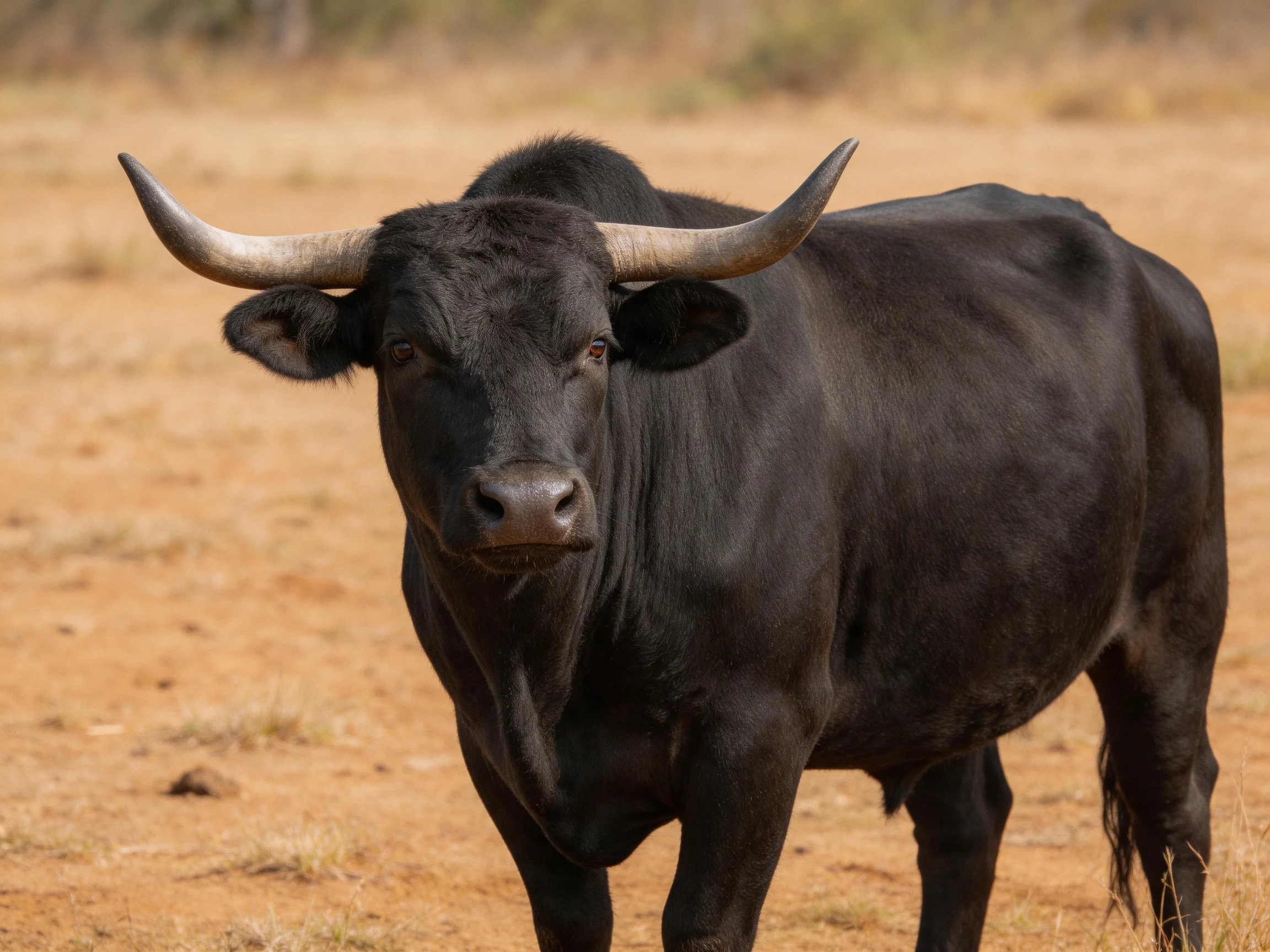 A robust black bull with large curved horns stands in a dry, earthy field