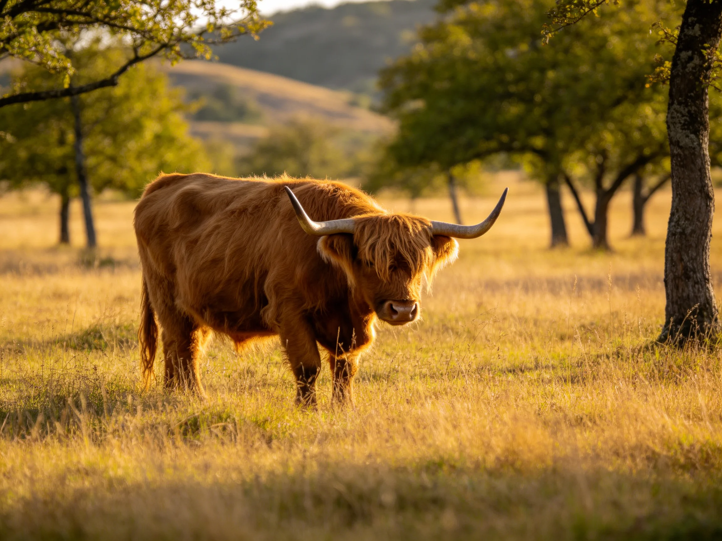 A robust brown Highland cow in a sunlit grassy landscape with scattered trees