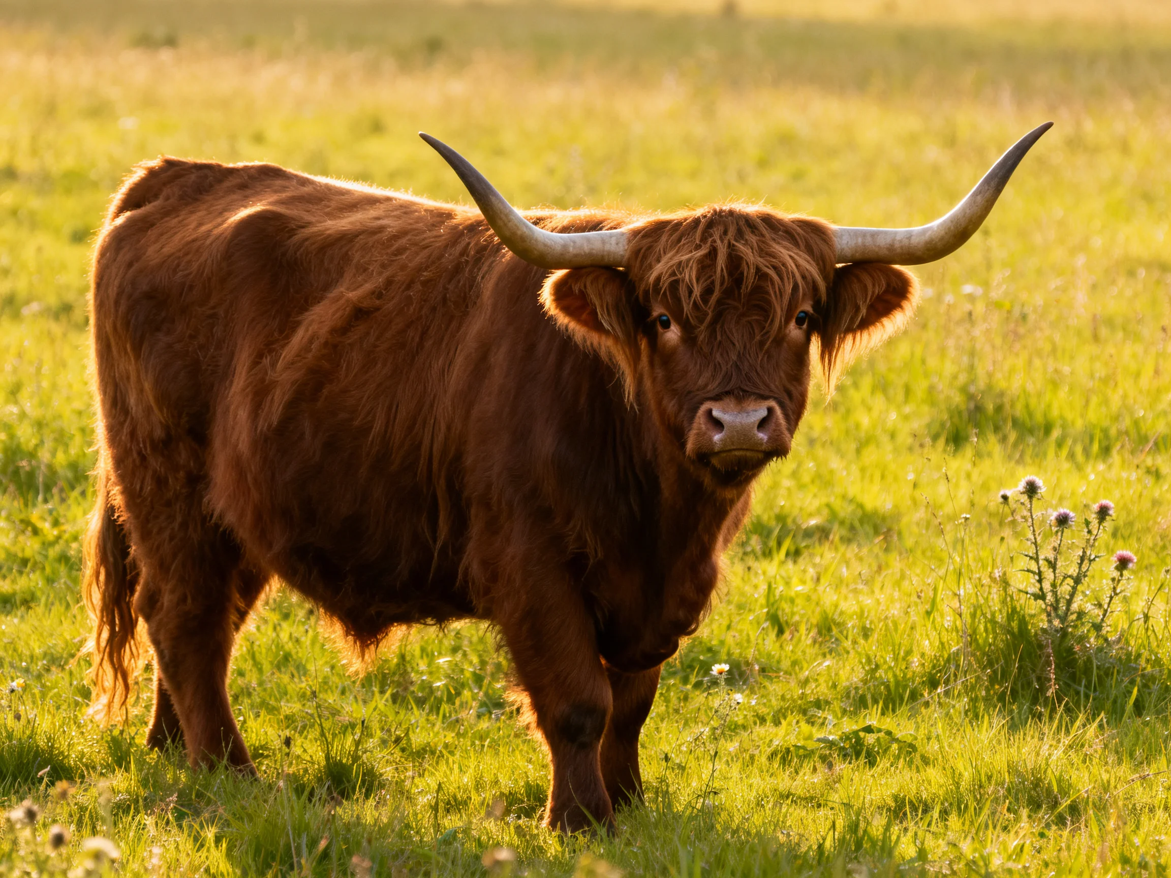 A robust brown Highland cow with long curved horns in a sunlit meadow