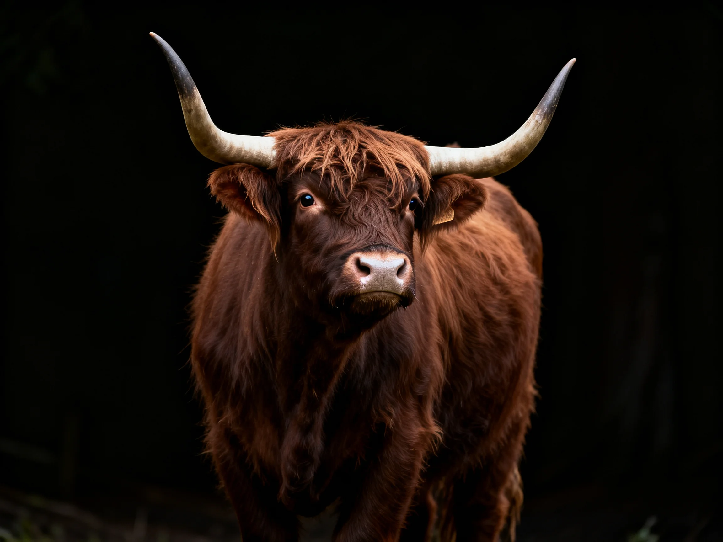 A robust brown Highland cow with long curved horns stands against a dark background