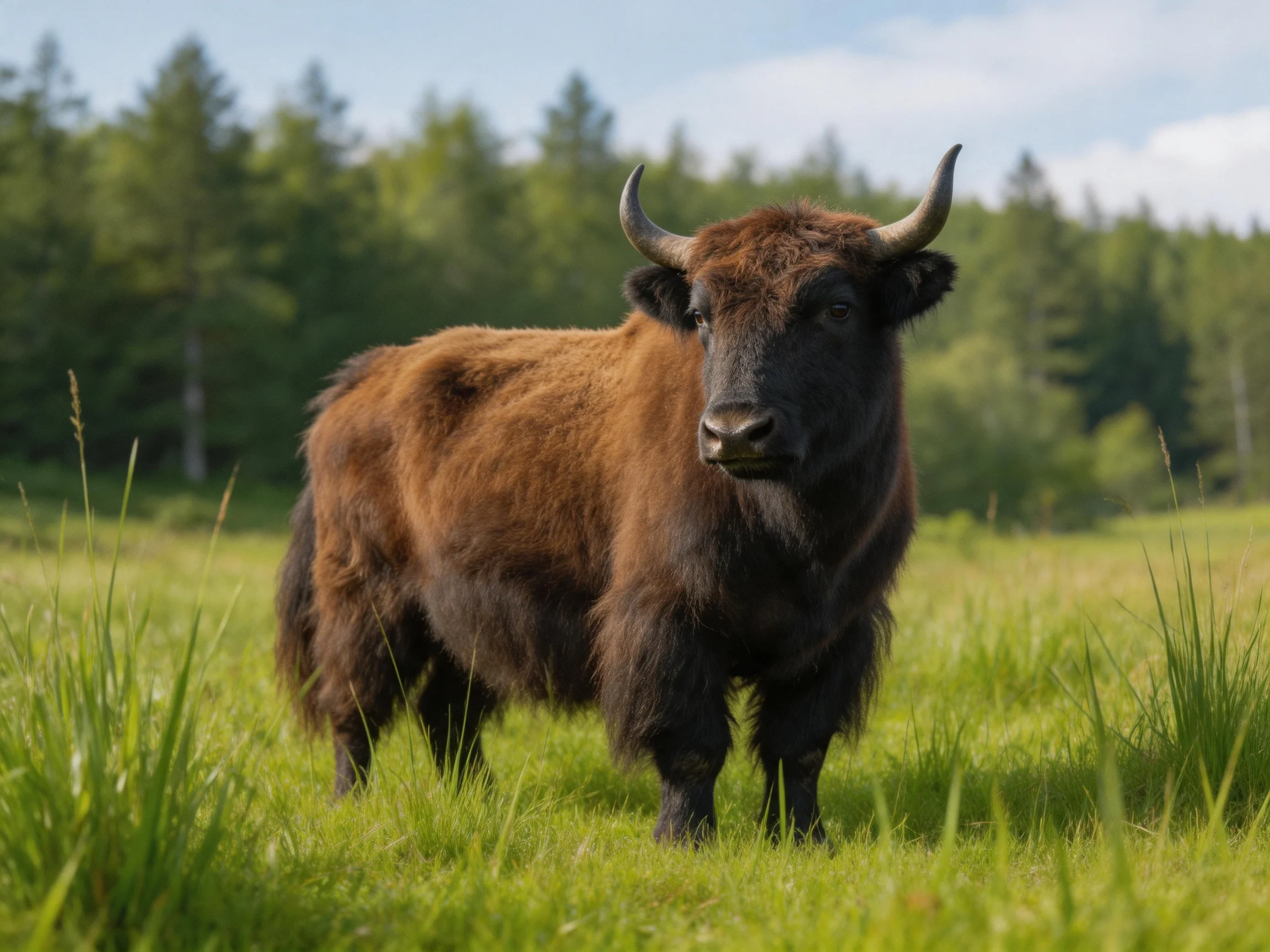A robust brown and black buffalo in a sun-dappled green meadow