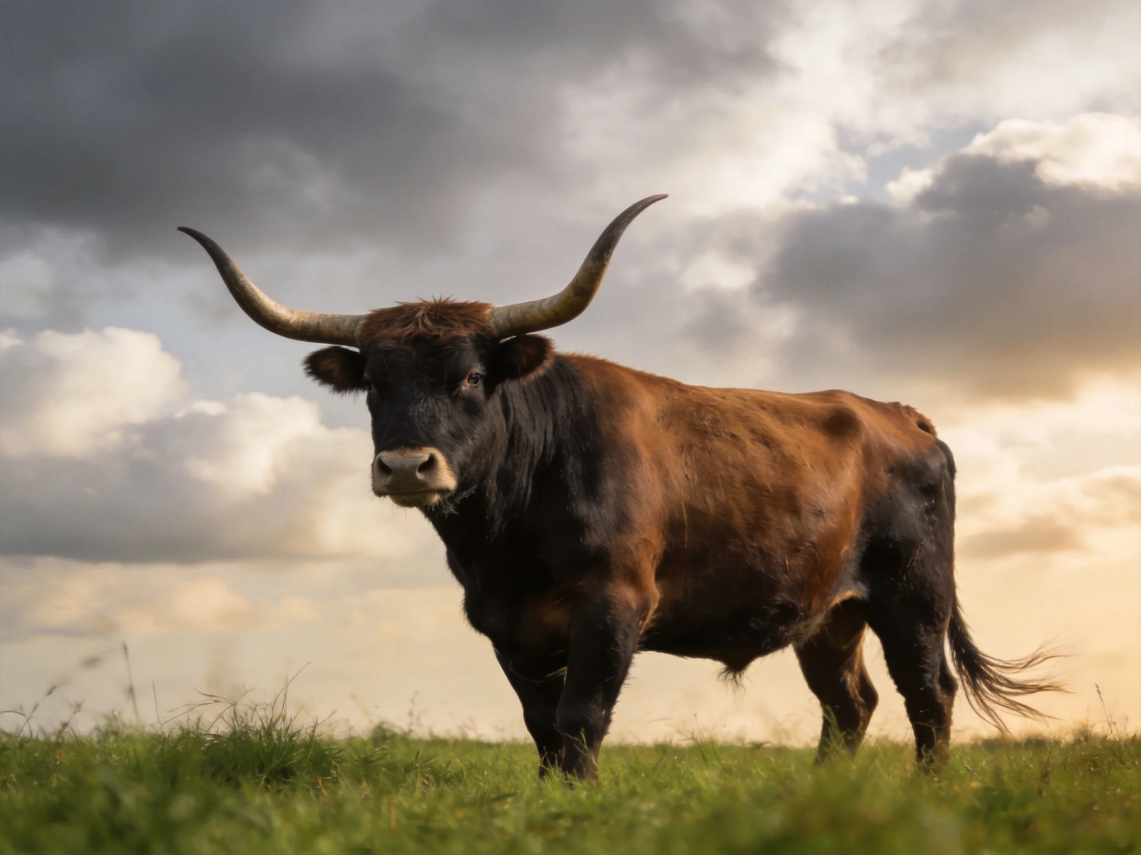 A robust brown-and-black bull with large curved horns in a grassy field