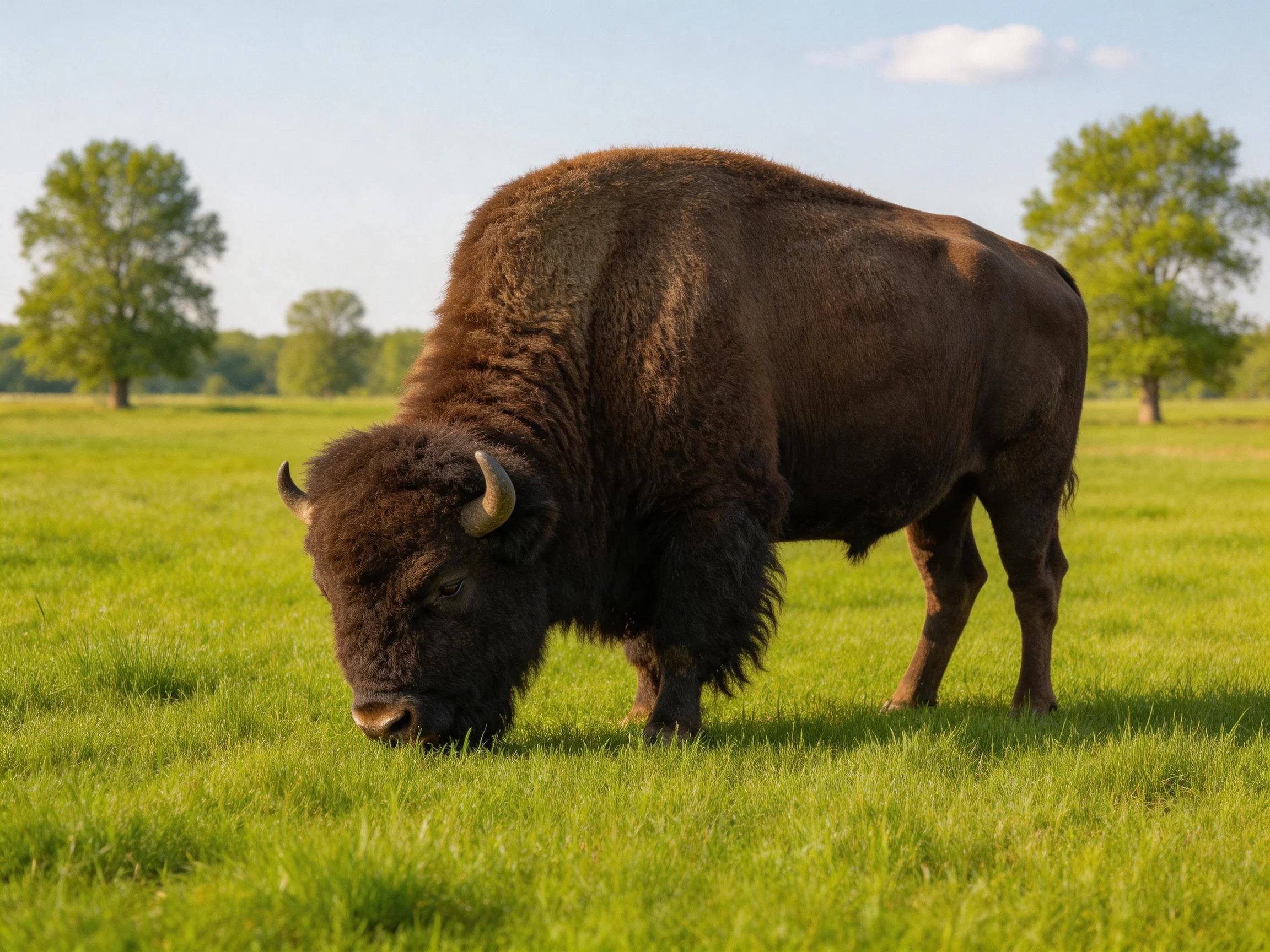 A robust brown bison grazing in a lush green meadow