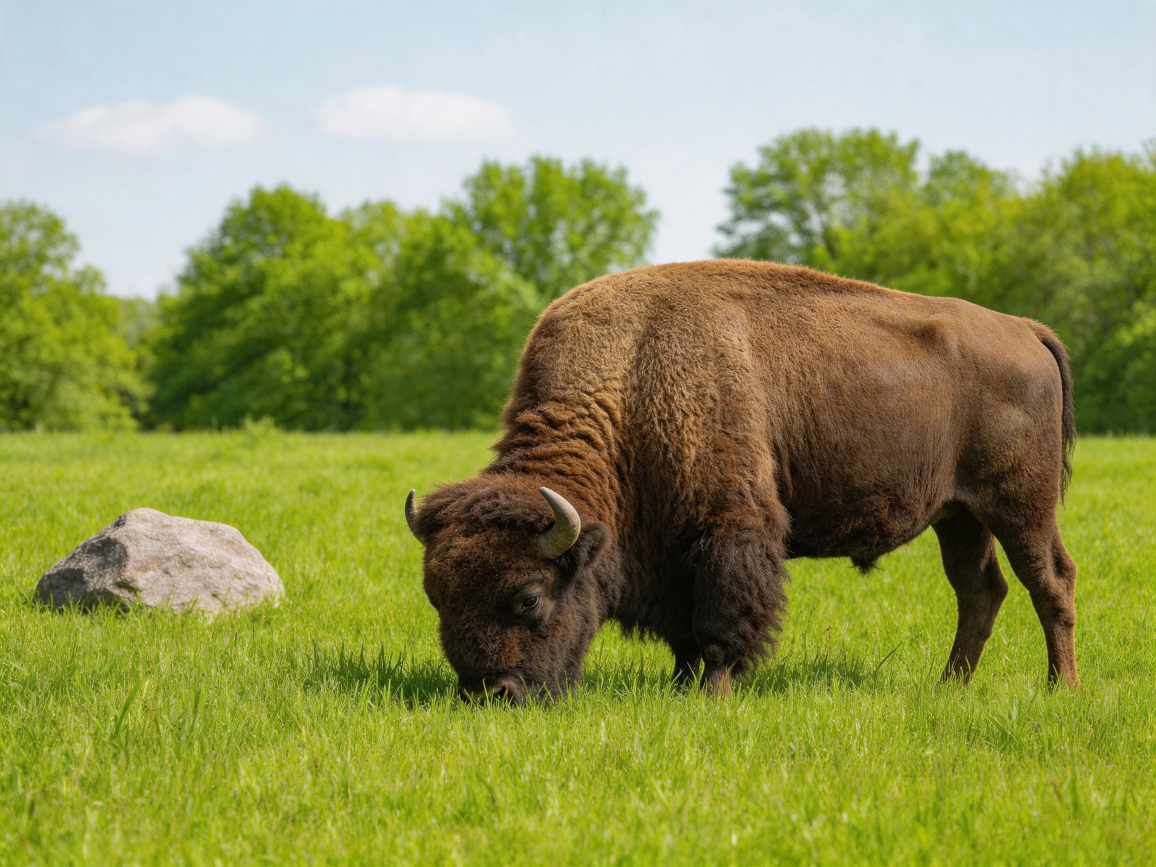 A robust brown bison grazing in a lush green meadow near a large rock