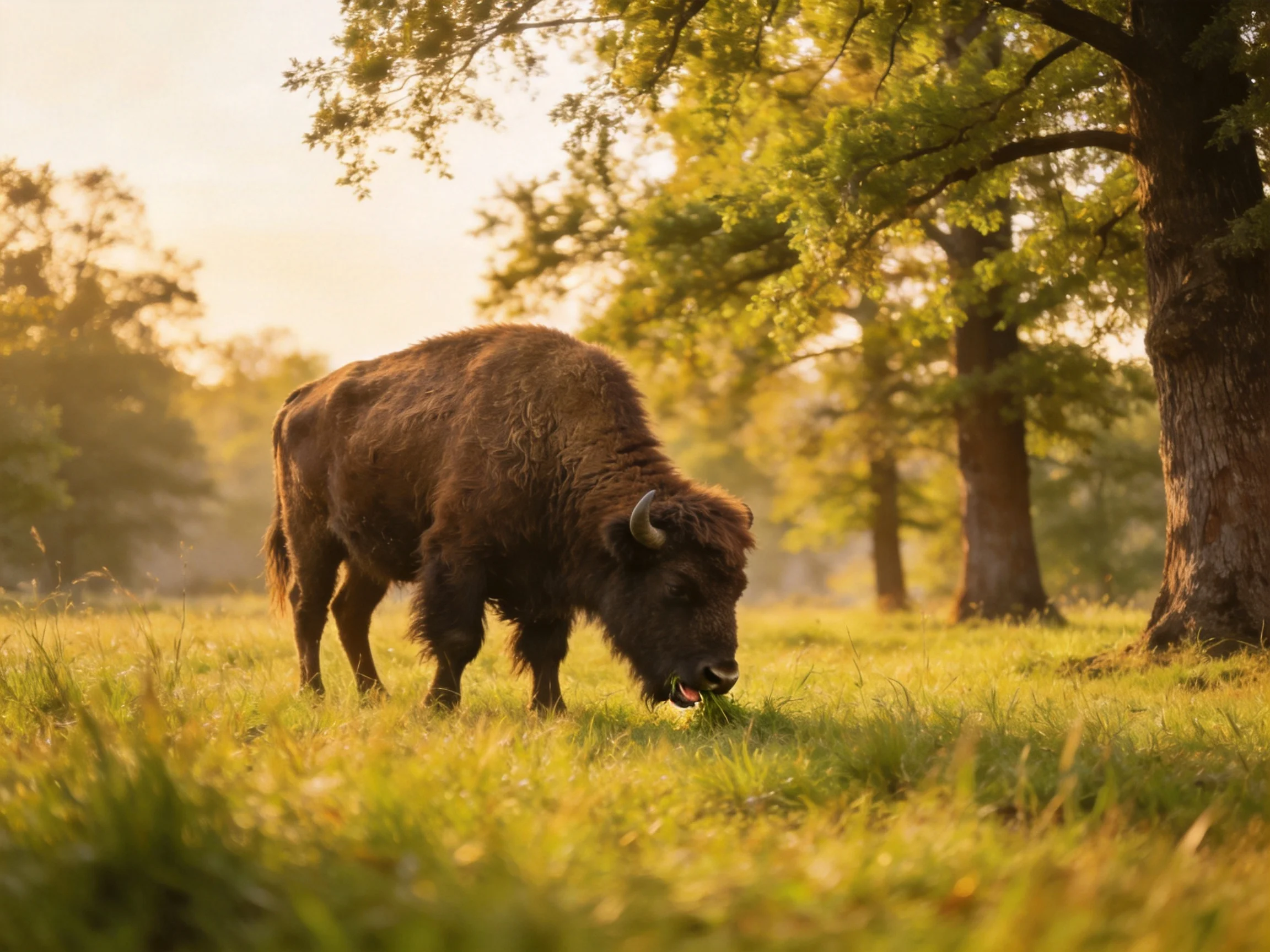 A robust brown bison grazing in a sunlit green meadow near tall trees