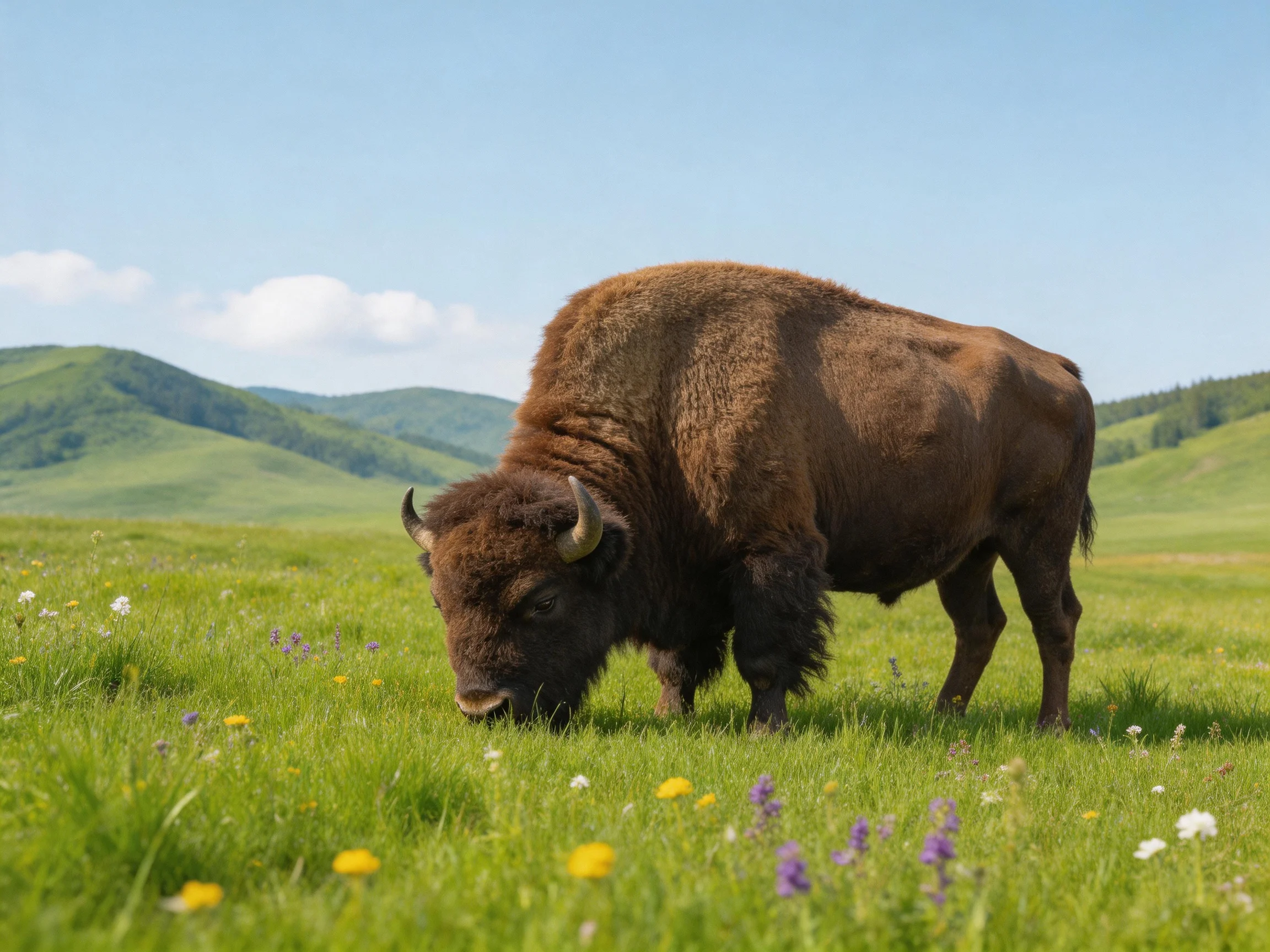 A robust brown bison grazing in a vibrant green meadow with wildflowers