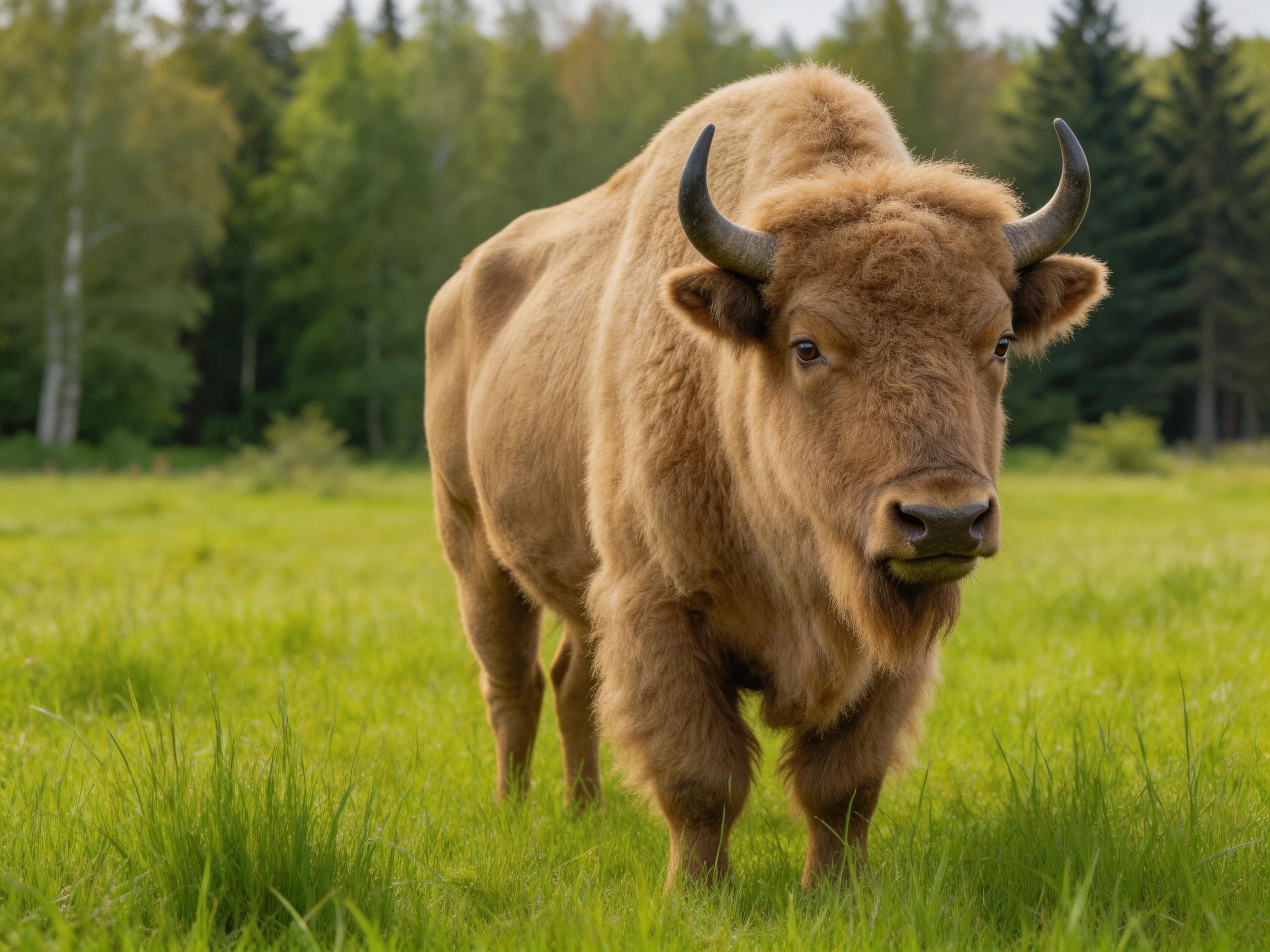 A robust brown bison in a lush green meadow near forested trees