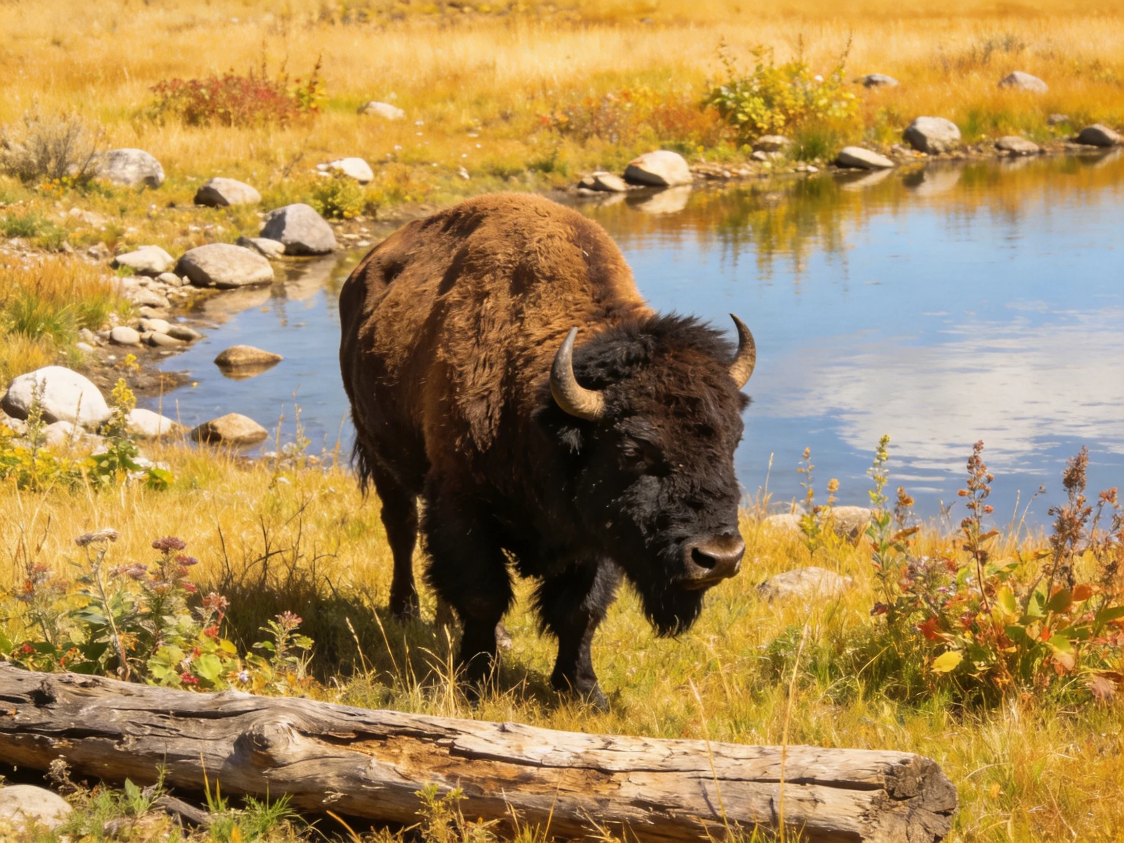 A robust brown bison near a calm blue pond with golden grasses