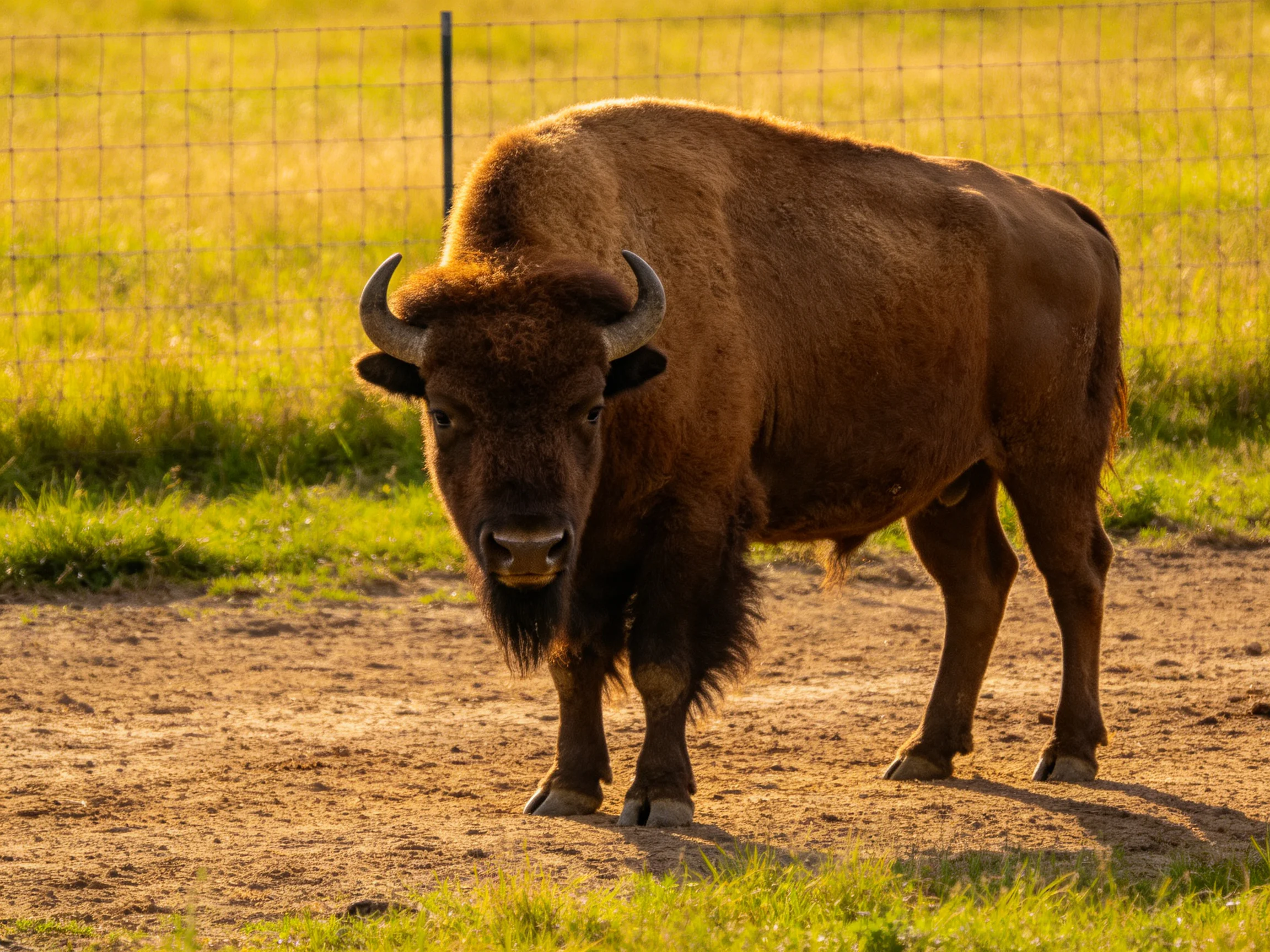 A robust brown bison near a wire fence in a sunny meadow