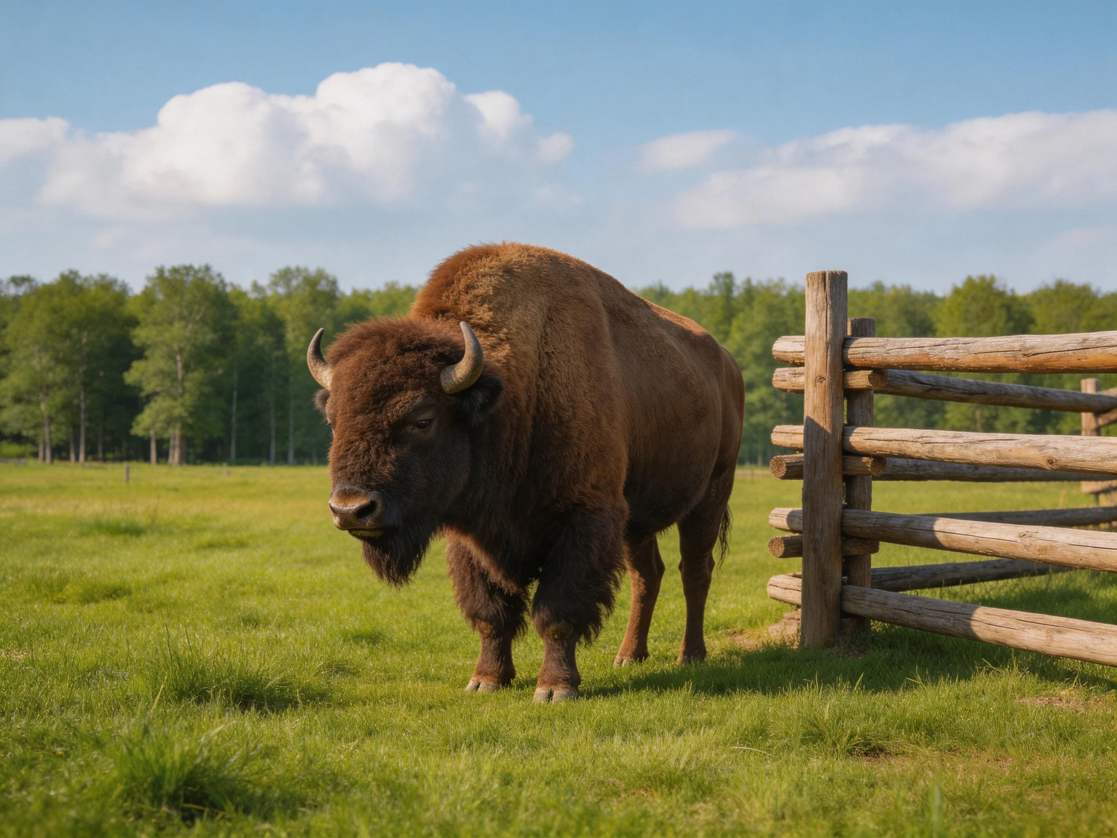 A robust brown bison near a wooden fence in a lush green meadow