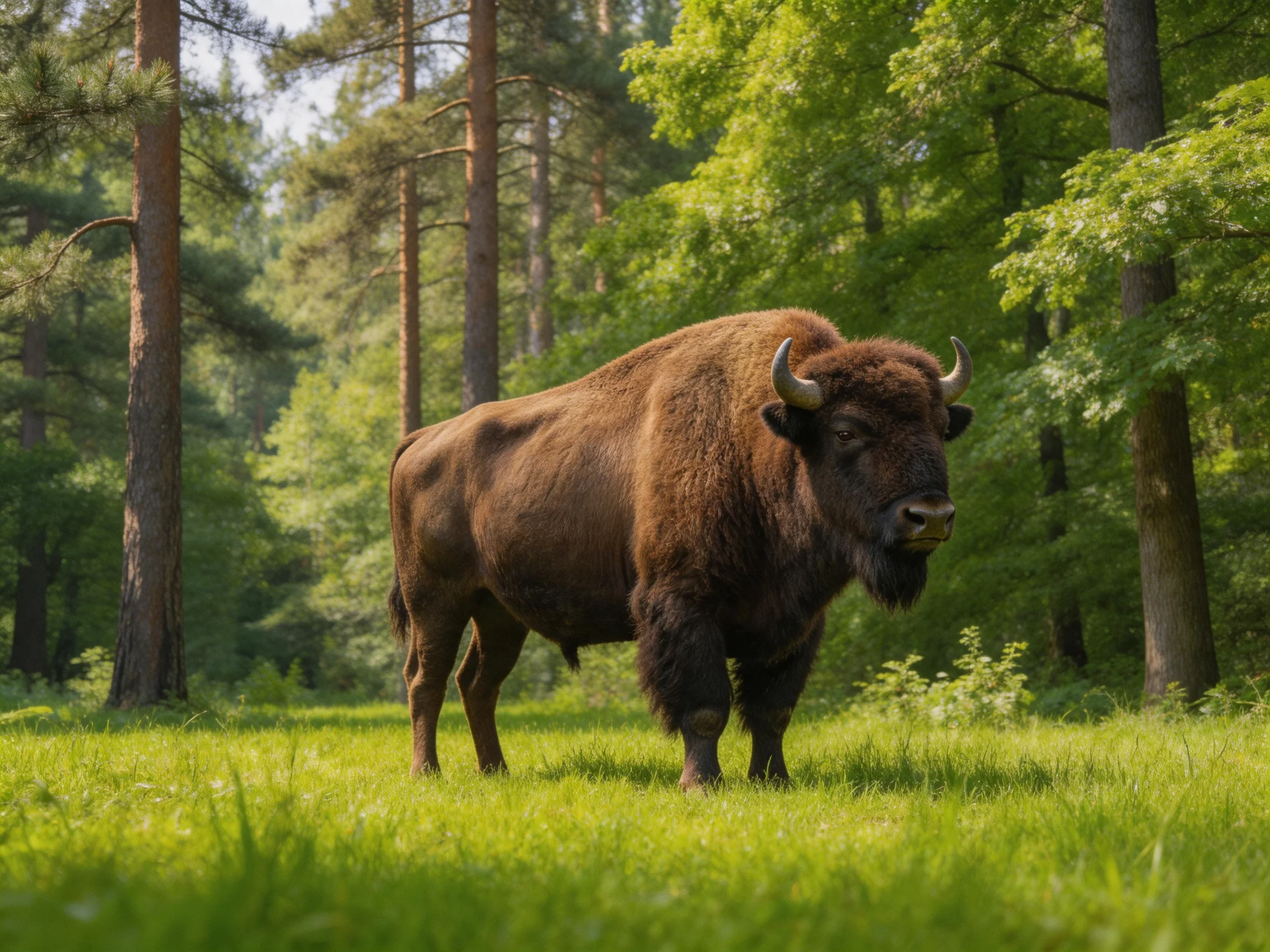 A robust brown bison stands amid lush green forest surroundings