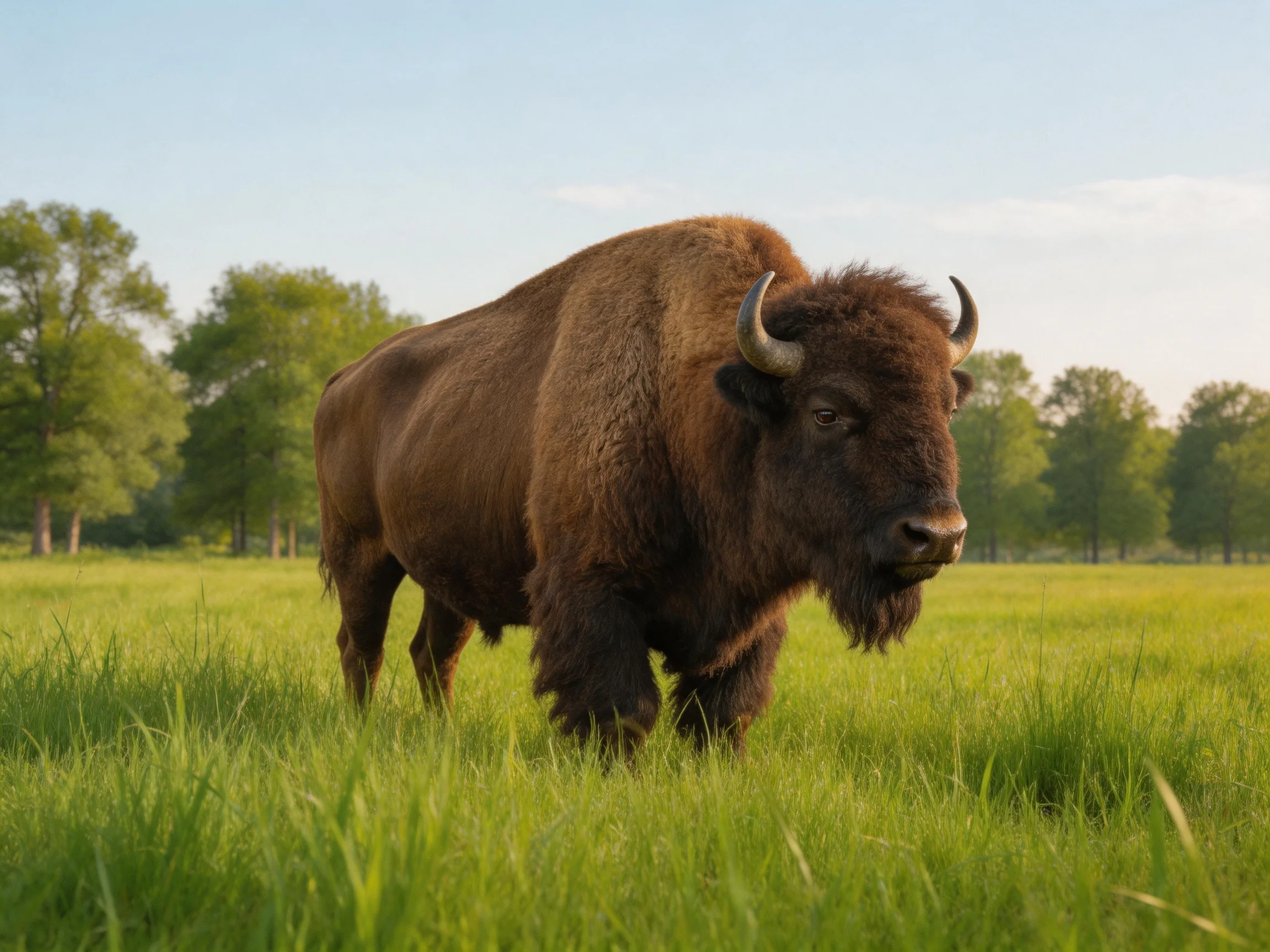 A robust brown bison stands in a lush green meadow near trees
