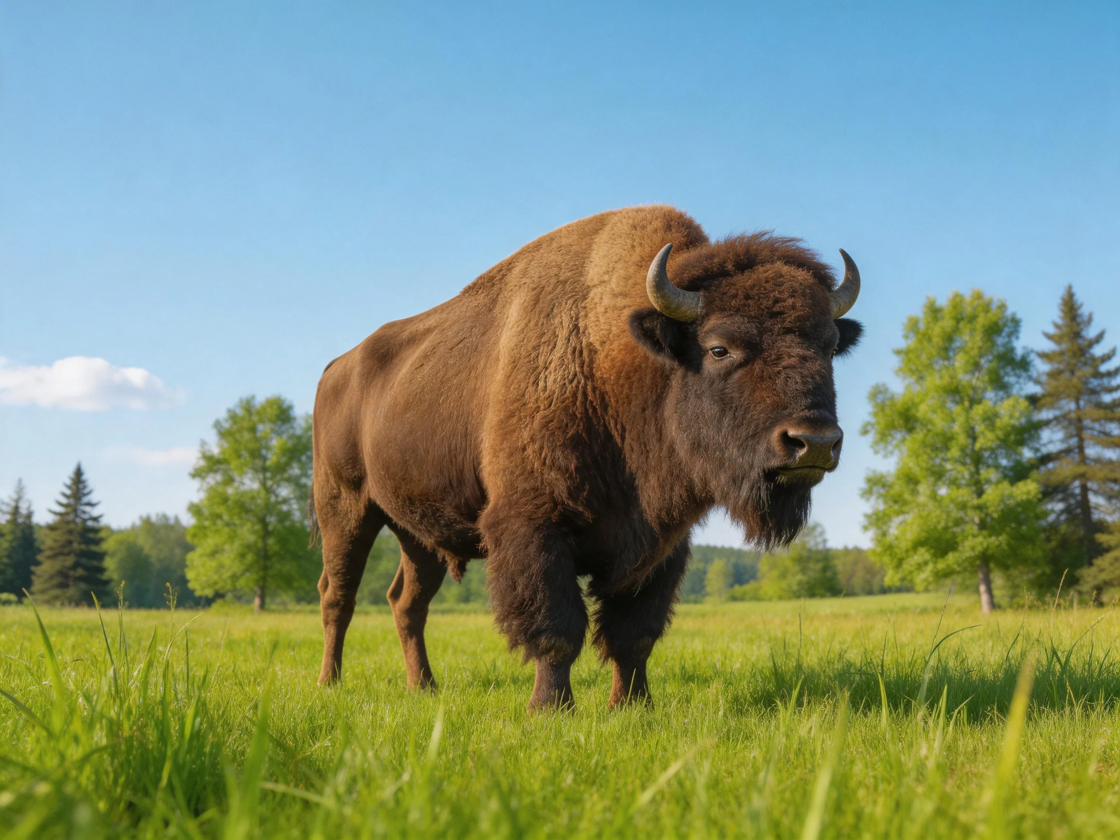 A robust brown bison stands in a lush green meadow under clear blue skies