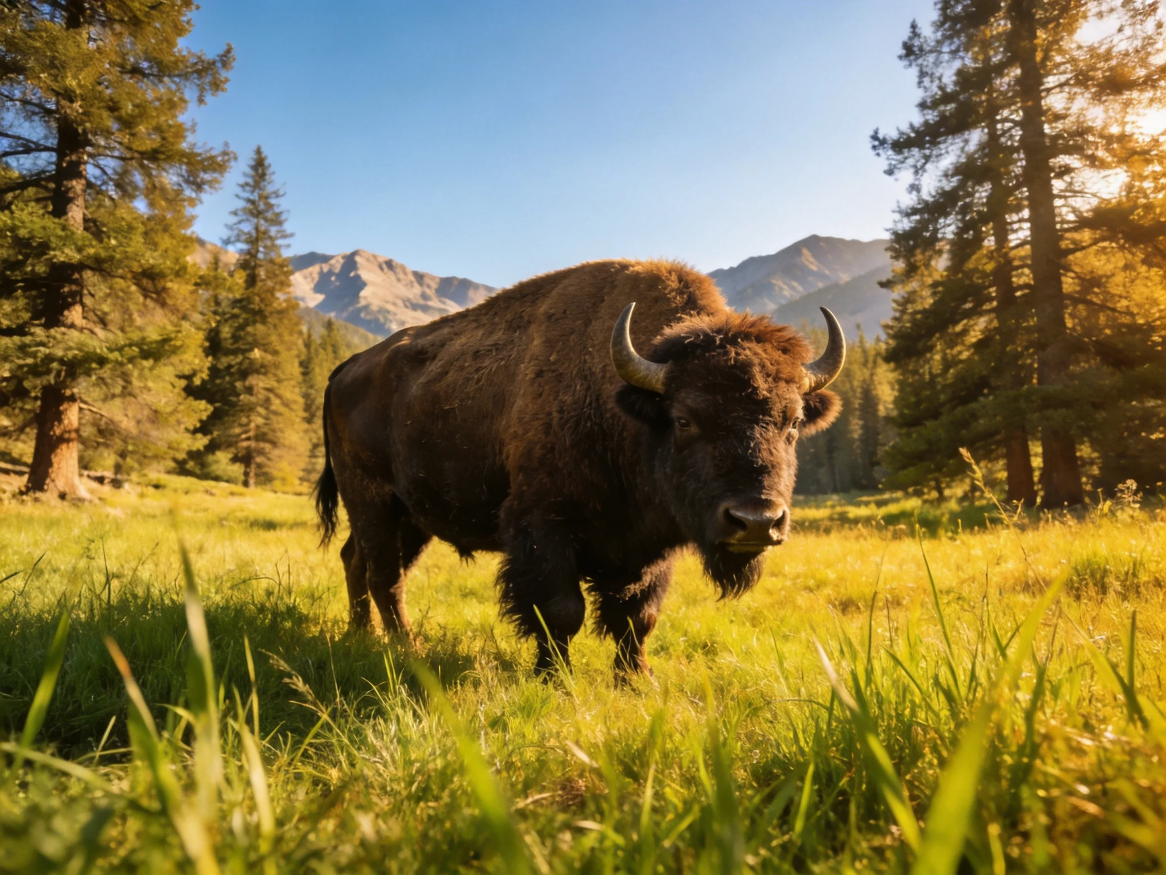 A robust brown bison stands in a sunlit green meadow near tall pine trees