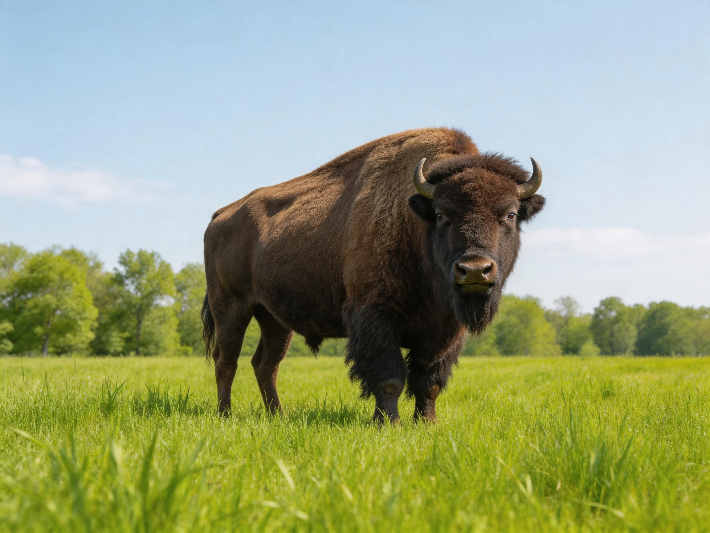 A robust brown bison stands in a sunlit lush green meadow