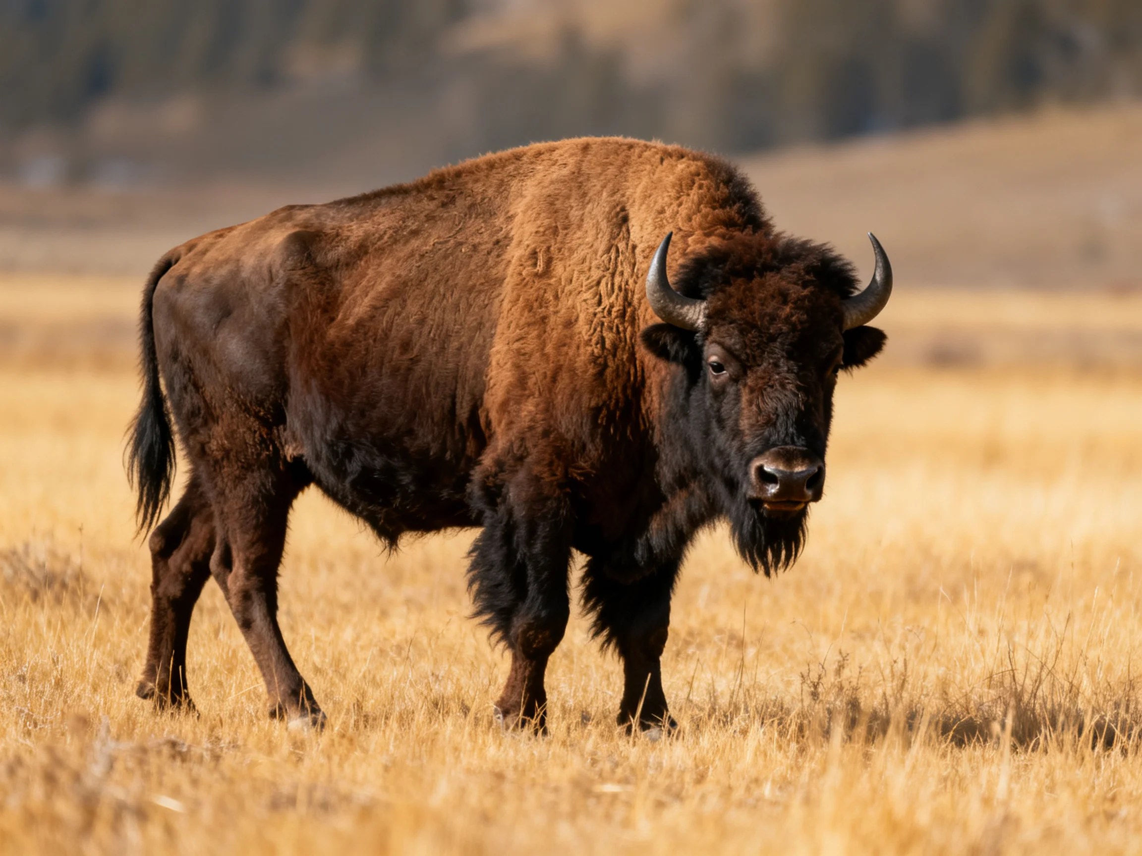 A robust brown bison stands in an open golden field