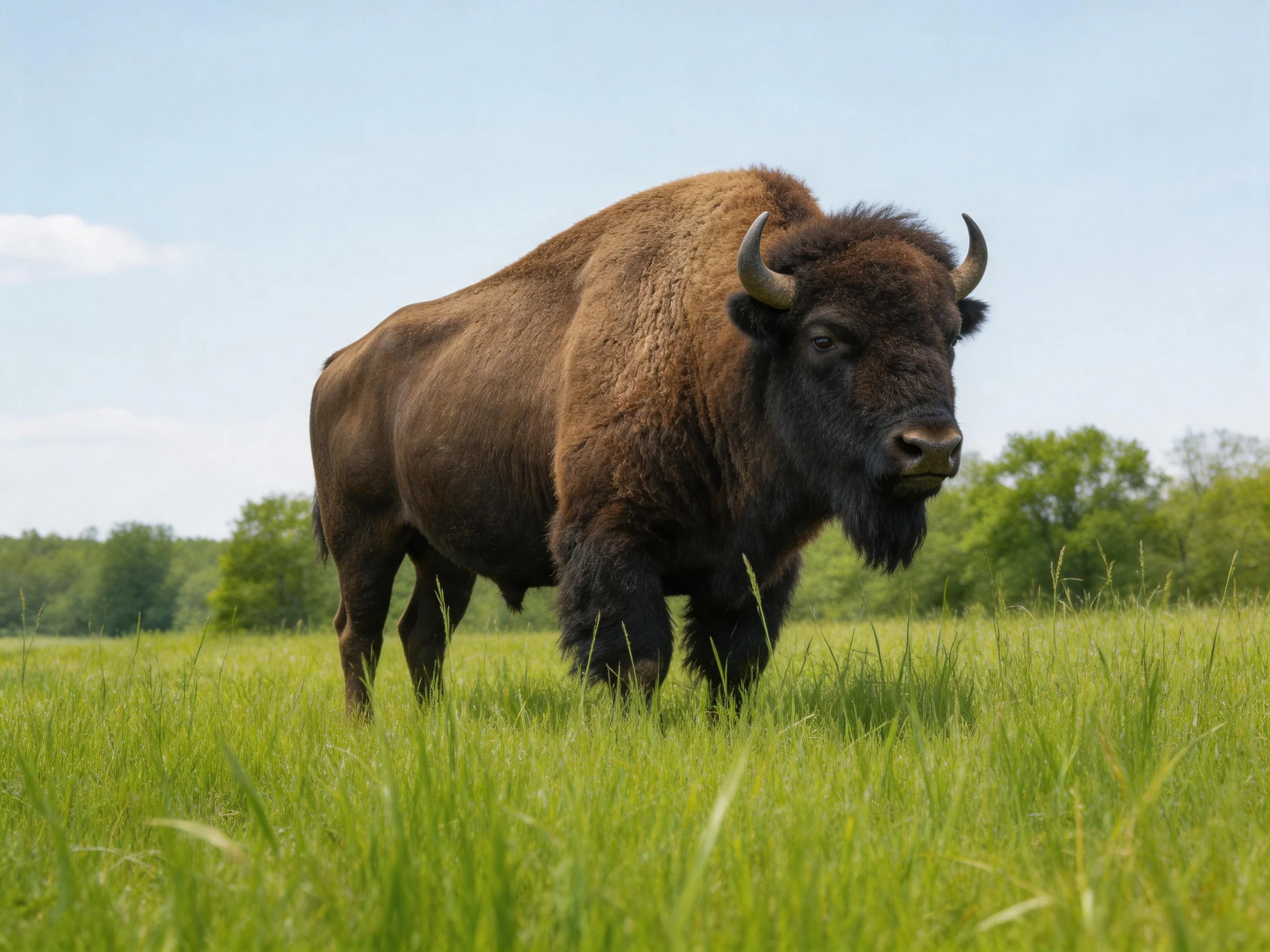 A robust brown bison stands in lush green meadow with distant trees